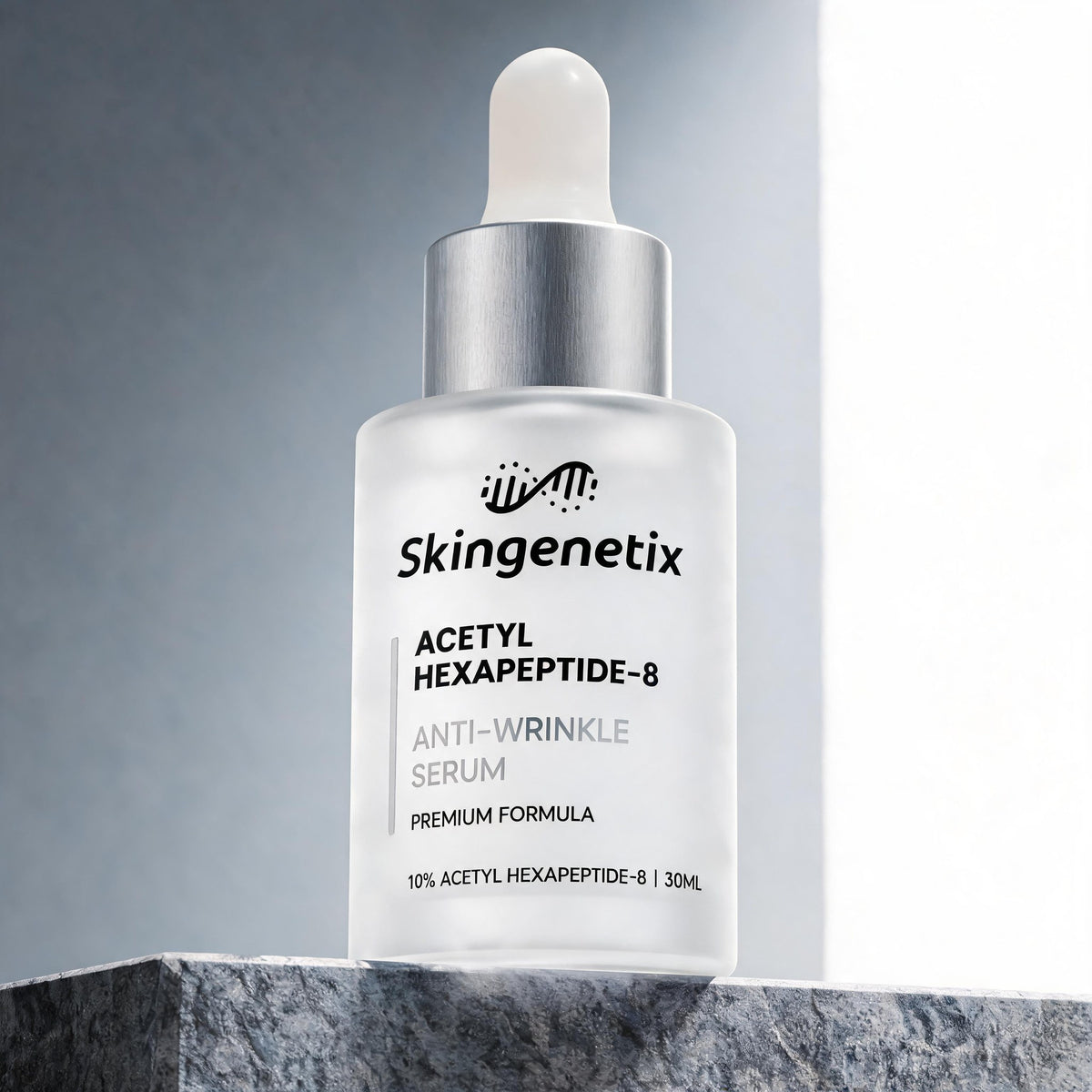 Skingenetix Acetyl Hexapeptide-8 Anti-Wrinkle Serum, 30ml - bottle on a stone plinth against a cool grey ground