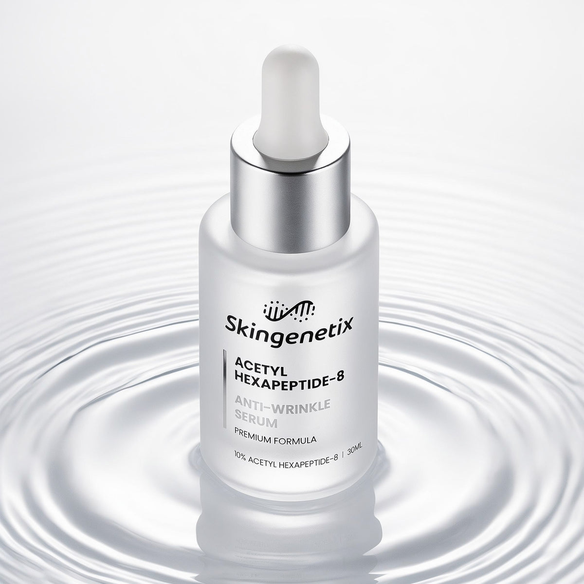 Skingenetix Acetyl Hexapeptide-8 Anti-Wrinkle Serum, 30ml - bottle standing on a still water surface with soft ripples