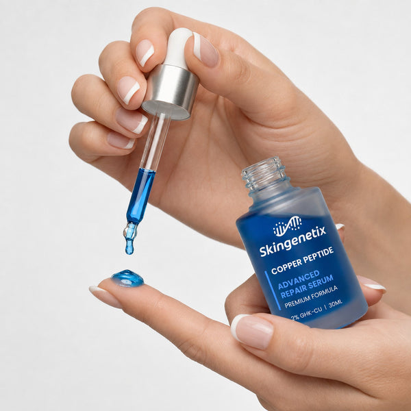Skingenetix Copper Peptide (GHK-Cu) 2% Renewal Serum, 30ml - hands holding the bottle and dropper, a blue drop on a fingertip