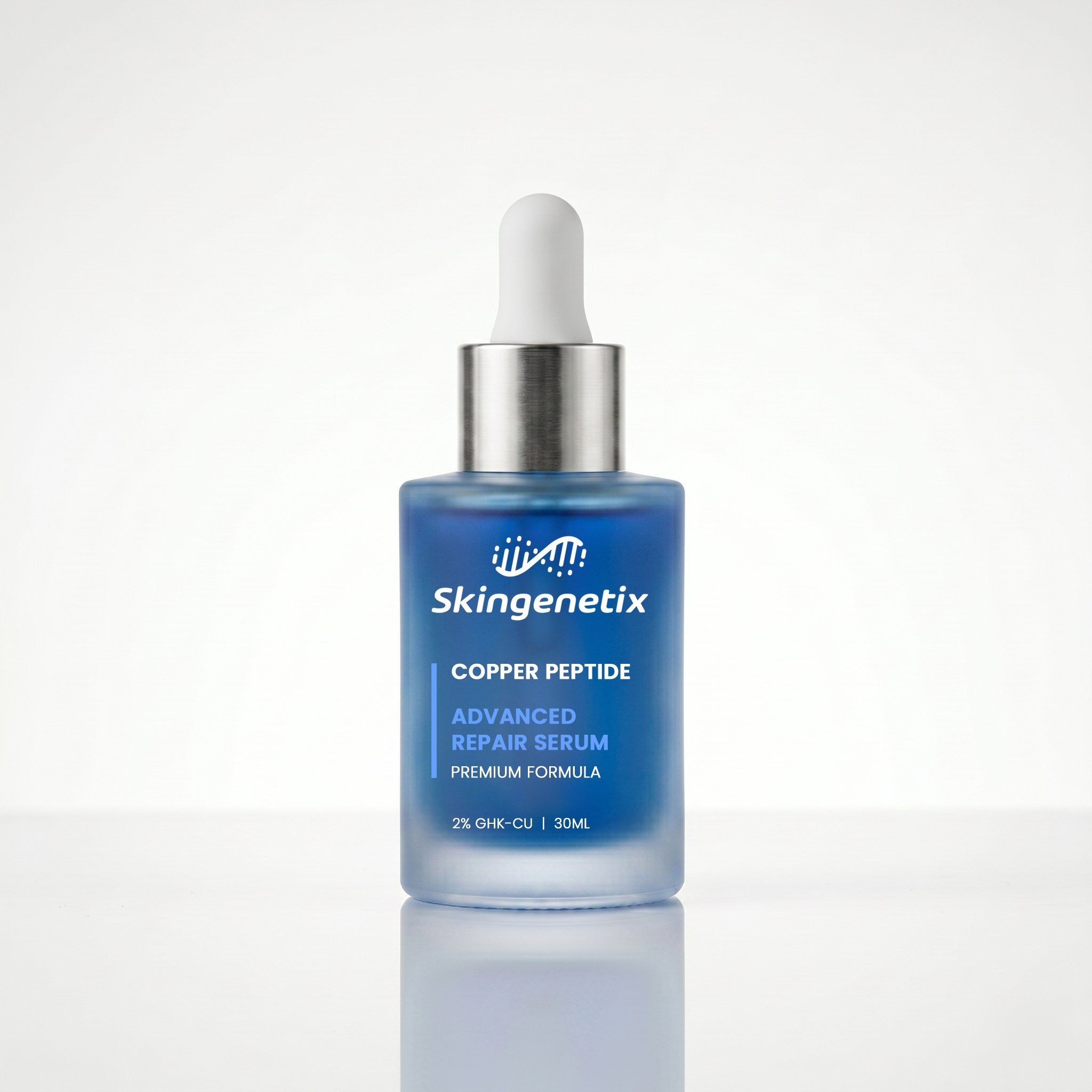 Skingenetix Copper Peptide (GHK-Cu) 2% Renewal Serum, 30ml - frosted blue glass dropper bottle on a white background