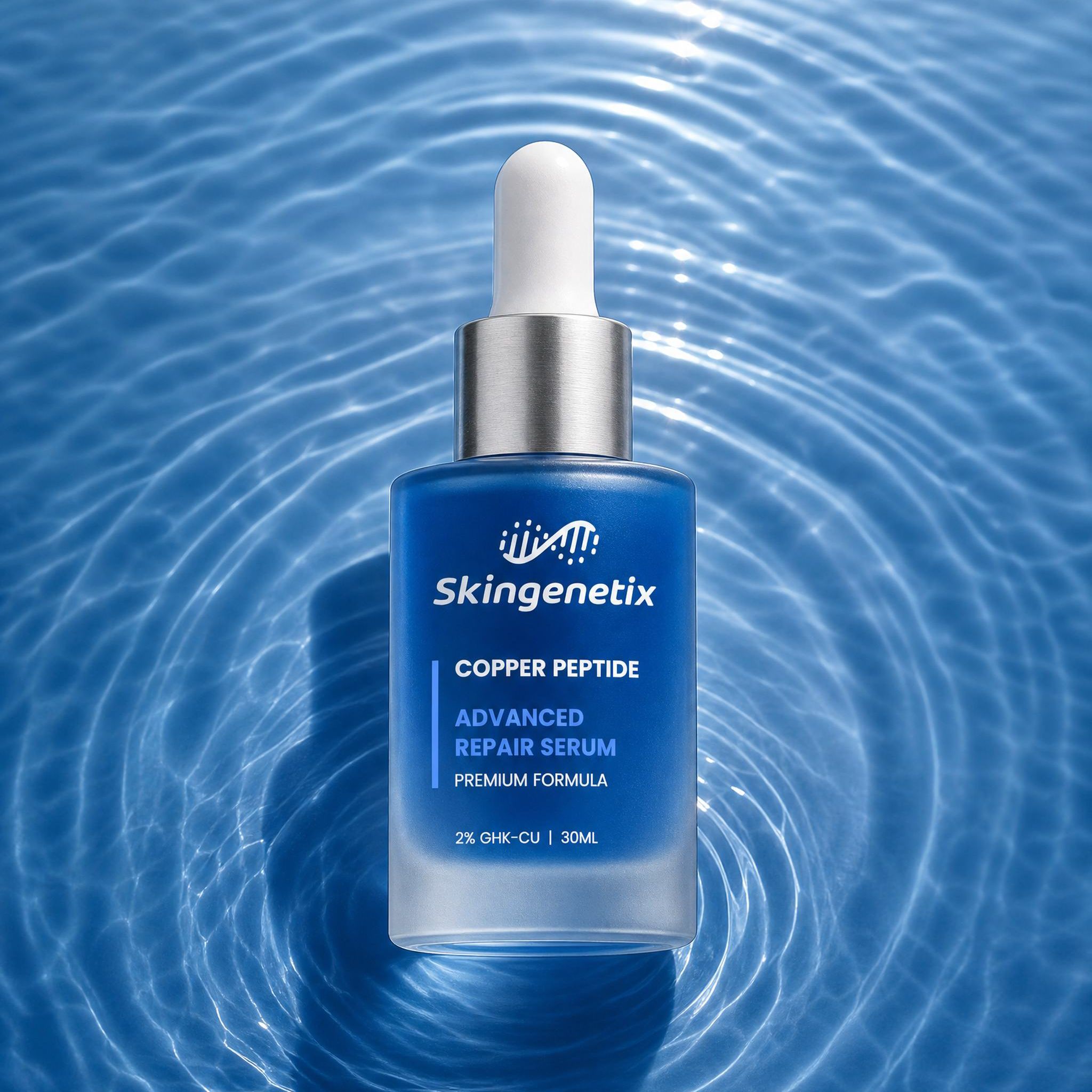 Skingenetix Copper Peptide (GHK-Cu) 2% Renewal Serum, 30ml - bottle standing on a rippling blue water surface