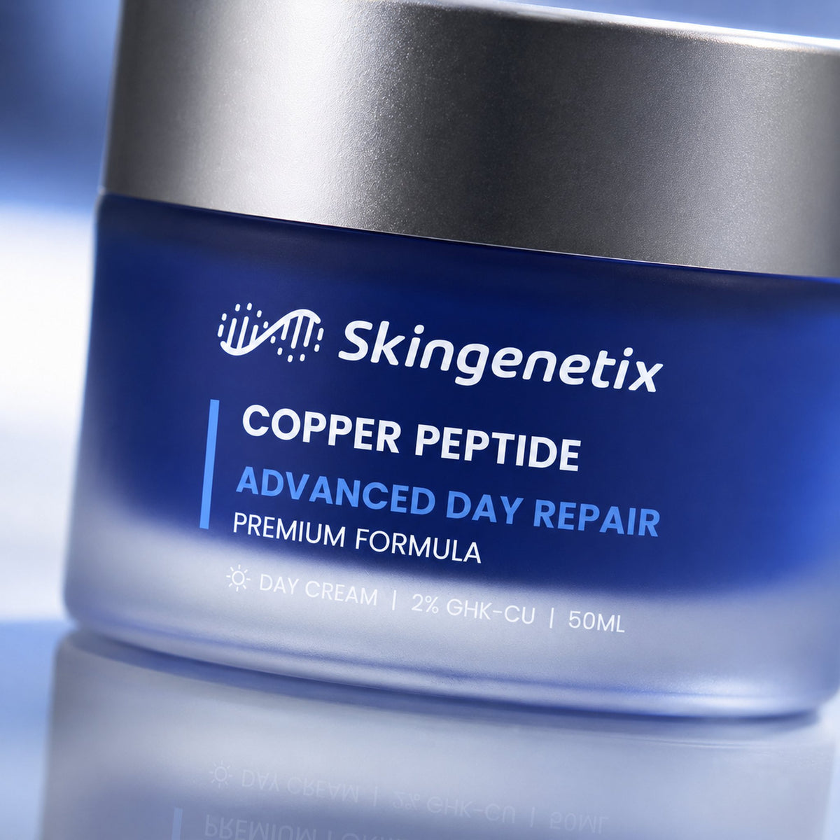 Skingenetix Copper Peptide (GHK-Cu) 2% Day Gel-Cream, 50ml - close-up of the jar with the label in sharp focus