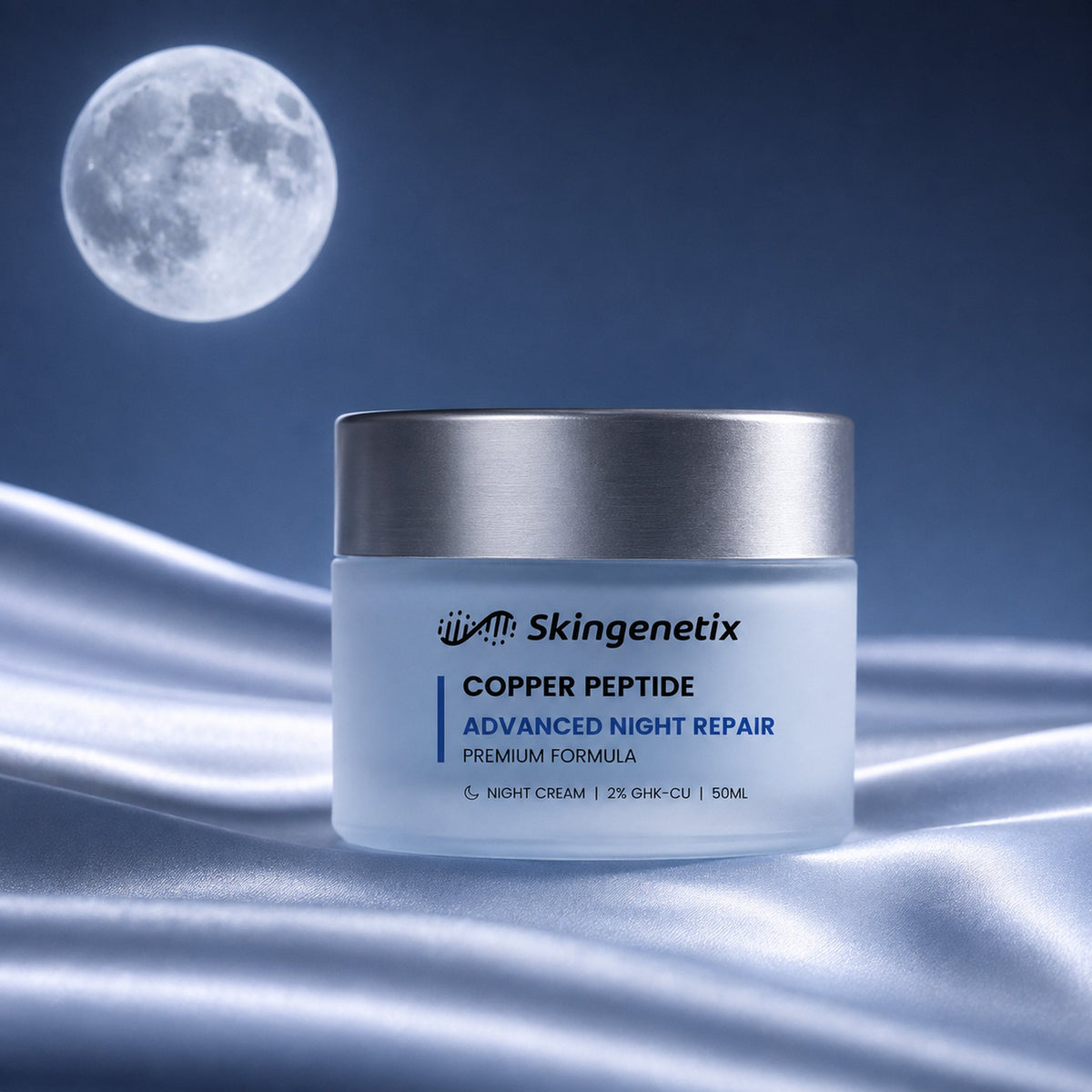Skingenetix Copper Peptide (GHK-Cu) 2% Night Cream, 50ml - jar resting on moonlit silk