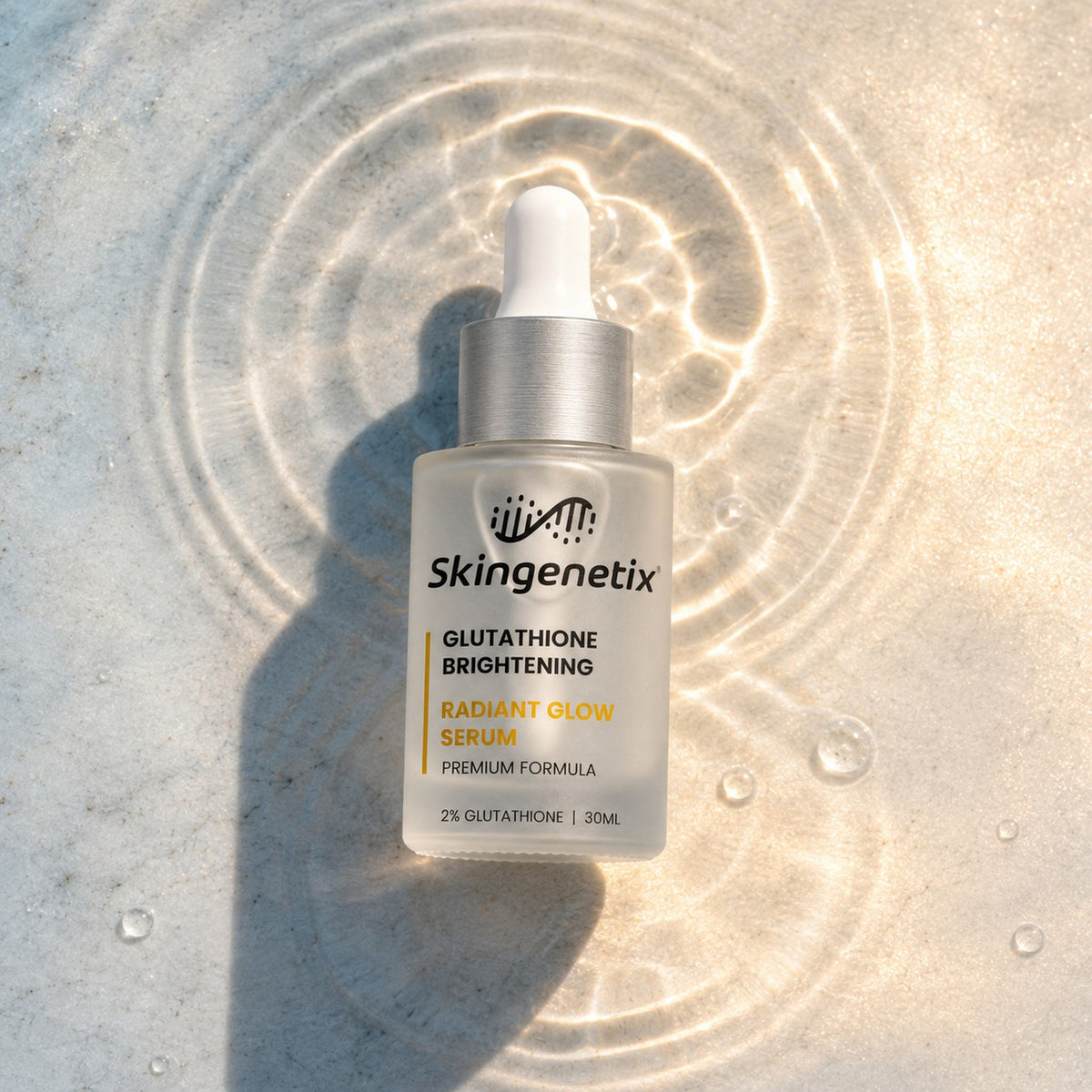 Skingenetix Glutathione Brightening Serum, 2% glutathione, 30ml - overhead view of the bottle on sunlit water