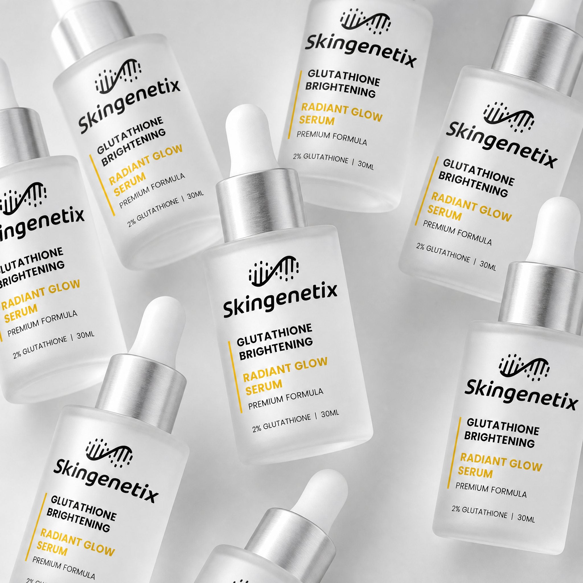 Skingenetix Glutathione Brightening Serum, 2% glutathione, 30ml - several bottles arranged in an angled group