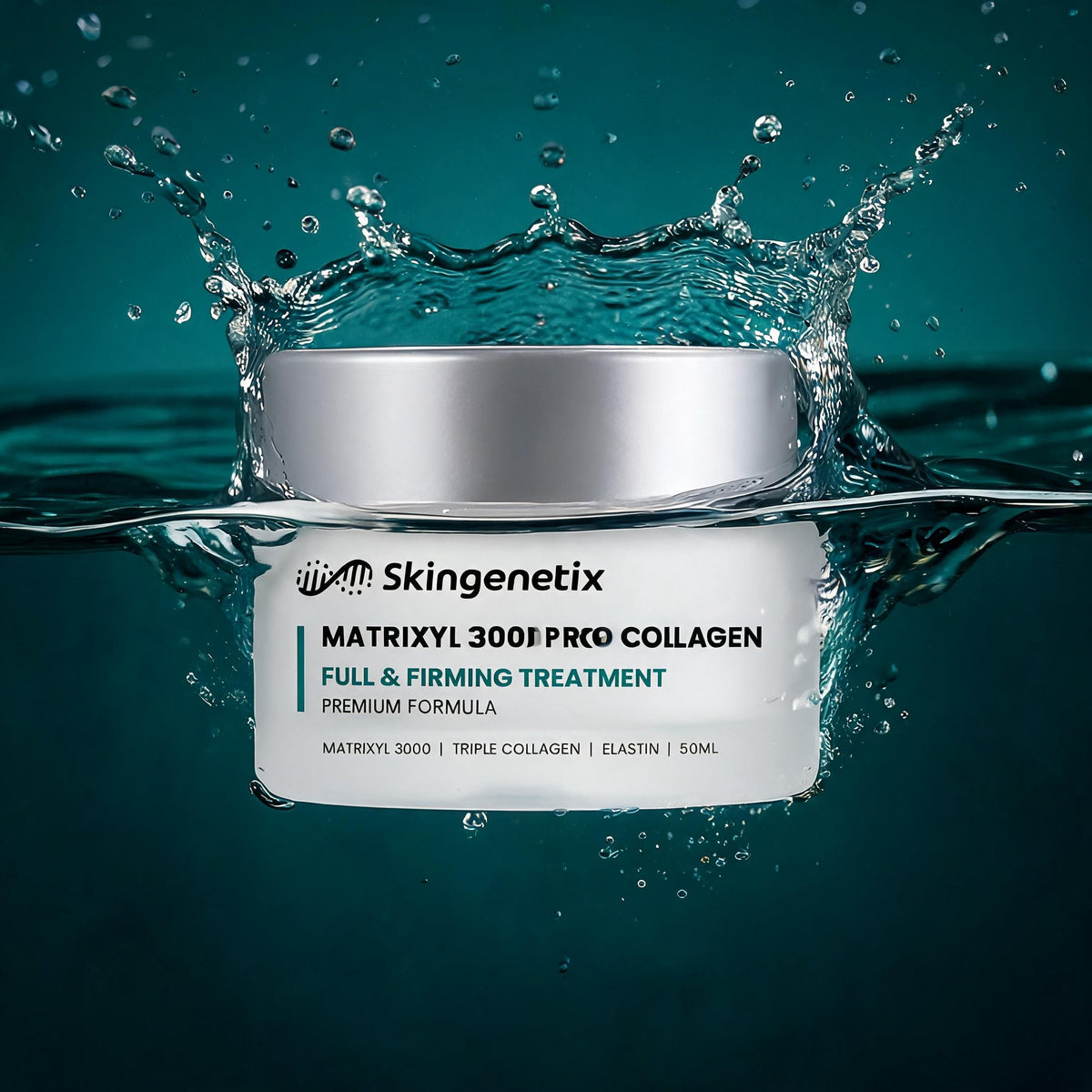 Skingenetix Matrixyl 3000 Pro-Collagen Firming Cream, 50ml - jar in a burst of water against a deep teal ground