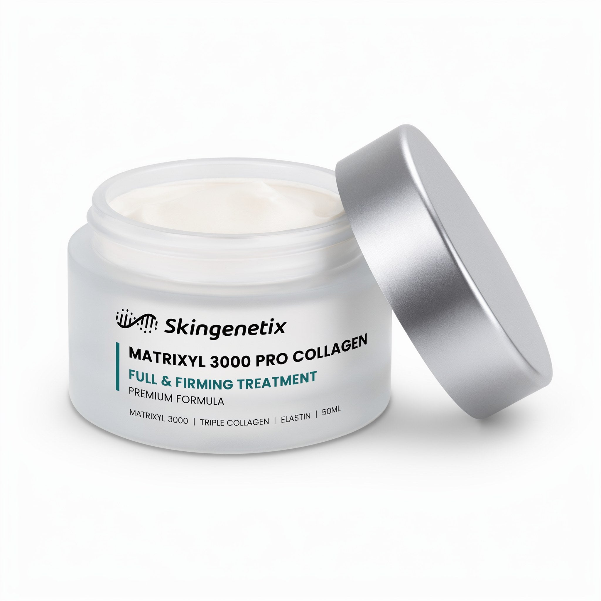 Skingenetix Matrixyl 3000 Pro-Collagen Firming Cream, 50ml - open jar with the lid beside it on a white background
