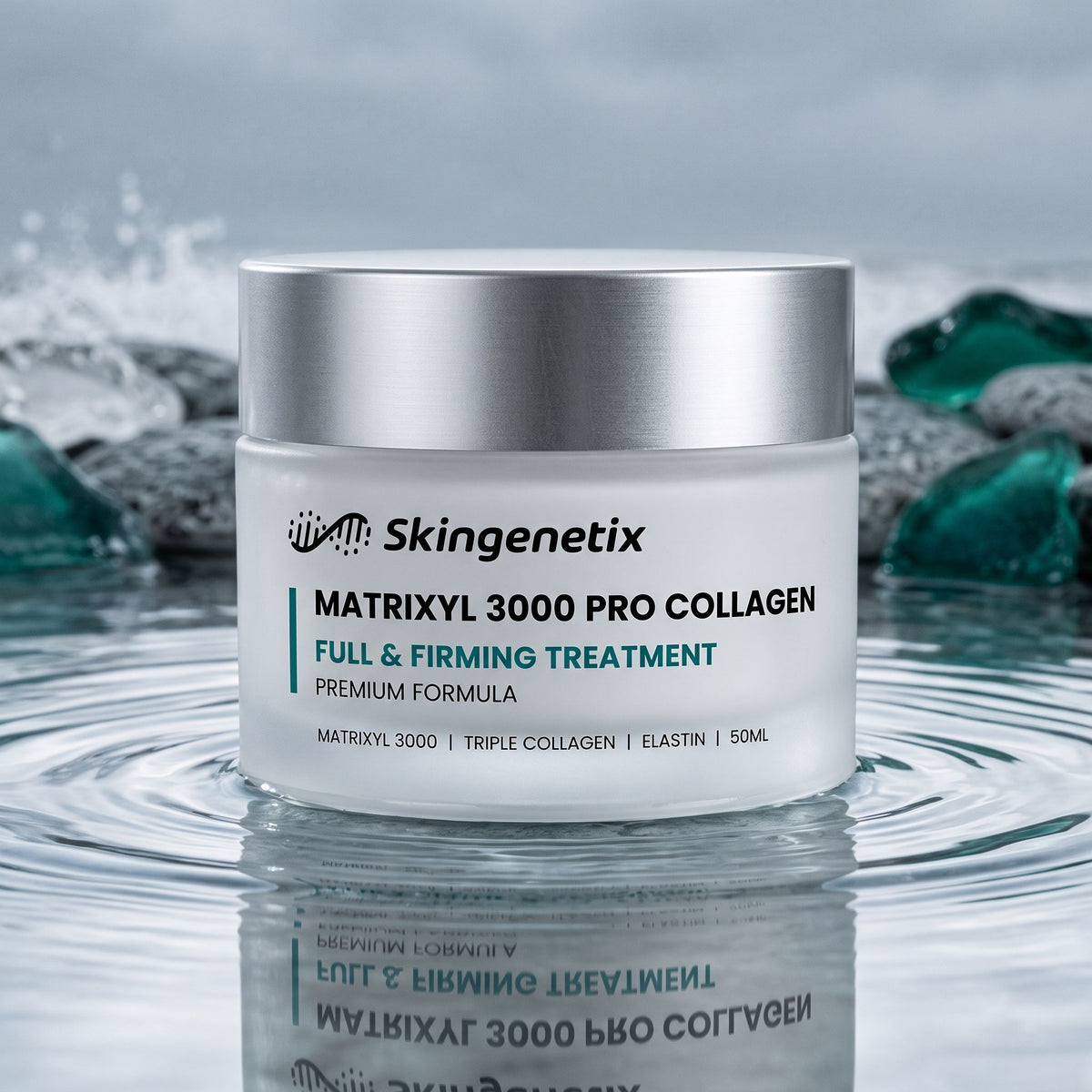 Skingenetix Matrixyl 3000 Pro-Collagen Firming Cream, 50ml - jar standing on a still water surface with soft ripples