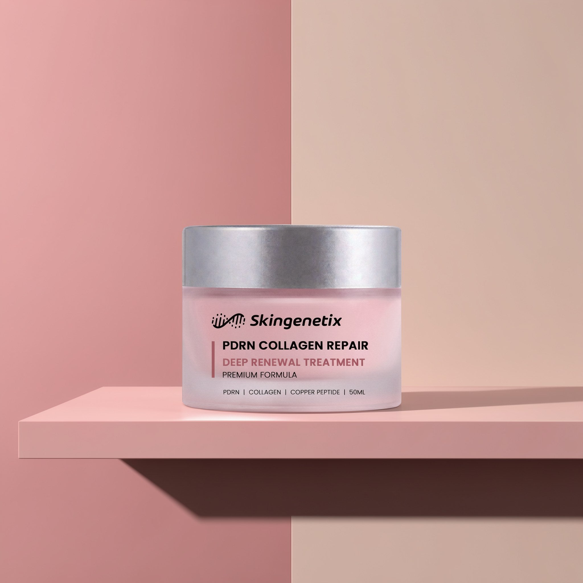 Skingenetix PDRN 1% Collagen Night Cream, 50ml - jar on a colour-block pedestal