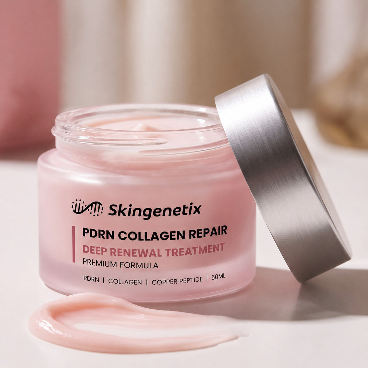 Skingenetix PDRN 1% Collagen Night Cream, 50ml - open jar with a swatch of the pink cream