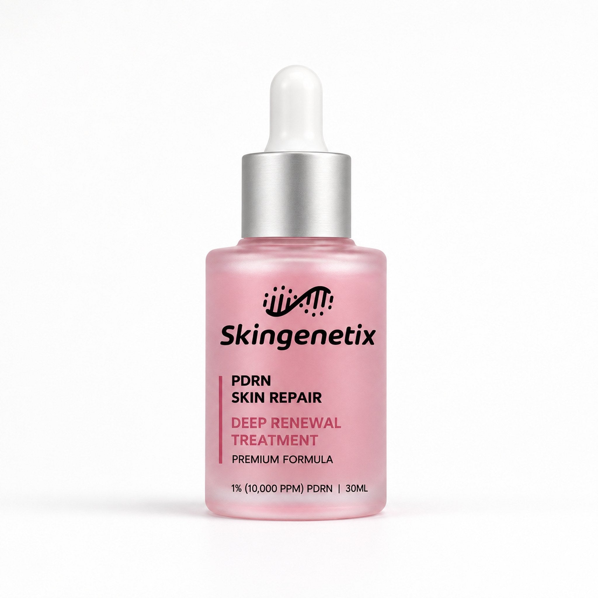 Skingenetix PDRN 1% Renewal Serum, 30ml - pink frosted glass dropper bottle on a white background