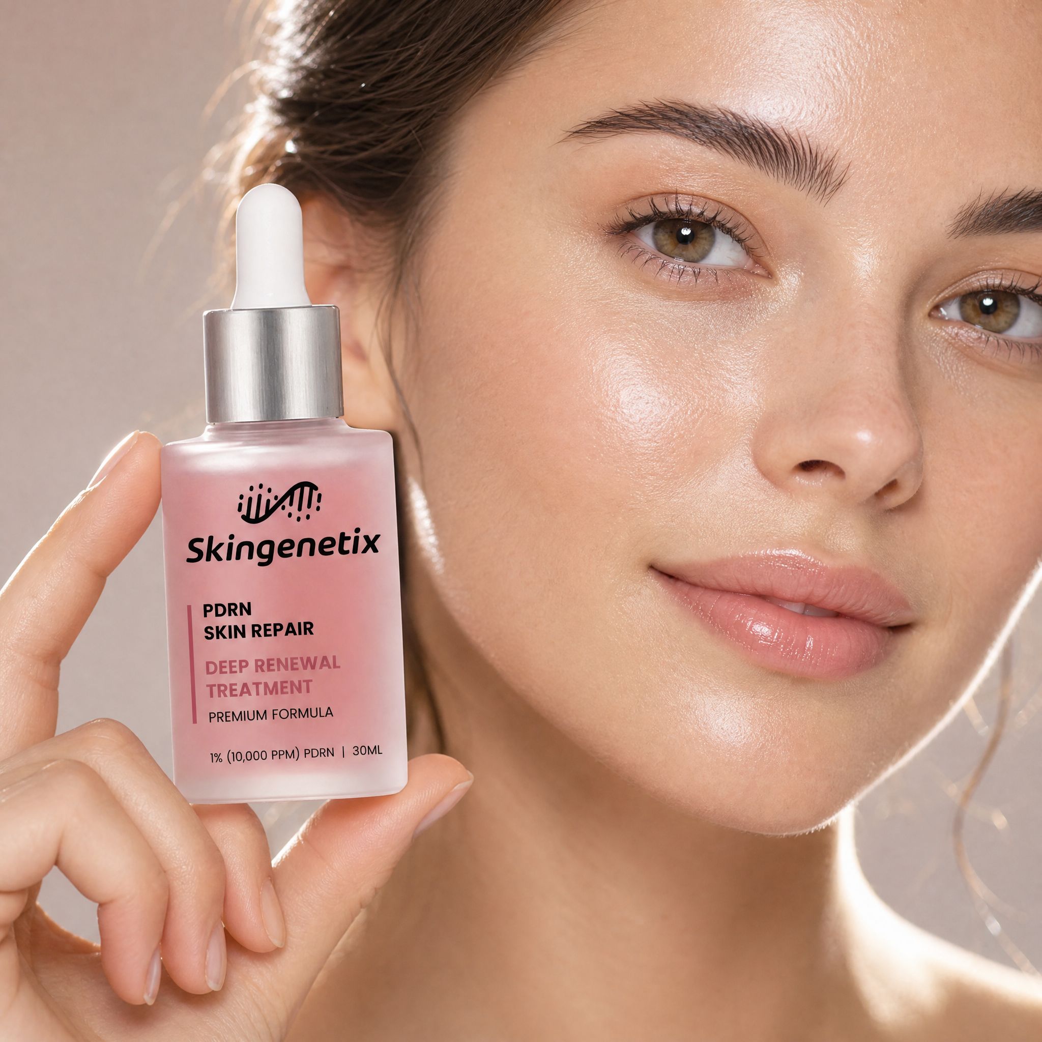 Skingenetix PDRN 1% Renewal Serum, 30ml - a model holding the bottle beside their face