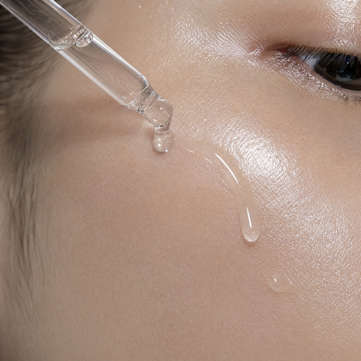Close-up of a glass dropper laying a trail of clear Skingenetix Acetyl Hexapeptide-8 serum along a cheekbone, beneath the eye