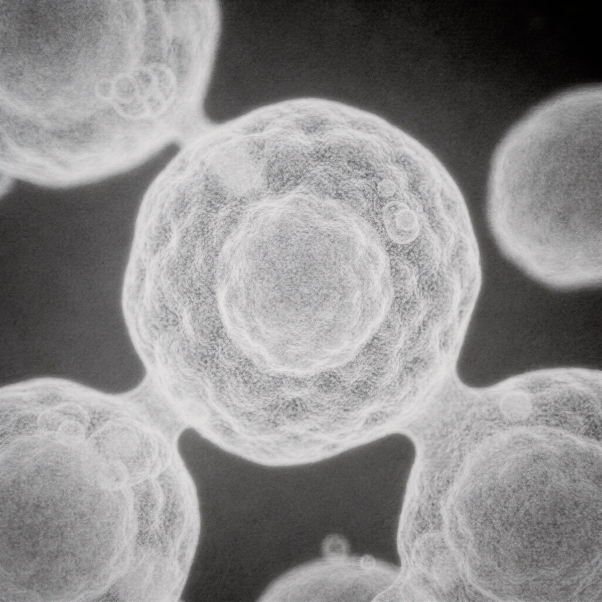 Electron-microscope style view of a single skin cell in cool pearl grey, representing Acetyl Hexapeptide-8 expression-line research