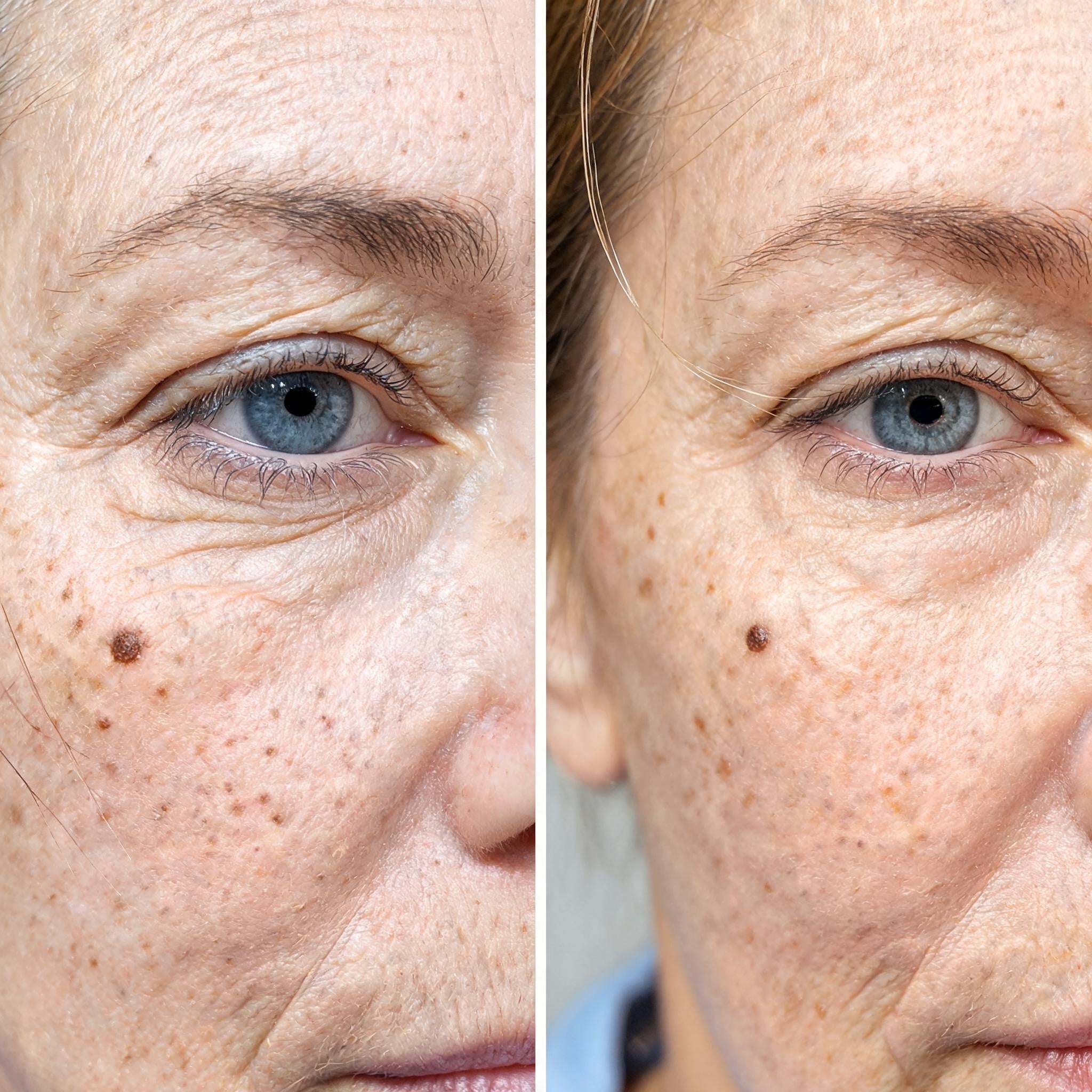 Close-up comparison of the freckled skin at the outer corner of one eye, the crow's-feet lines holding a shallower shadow in the second image. Illustration accompanying the Acetyl Hexapeptide-8 research summary.