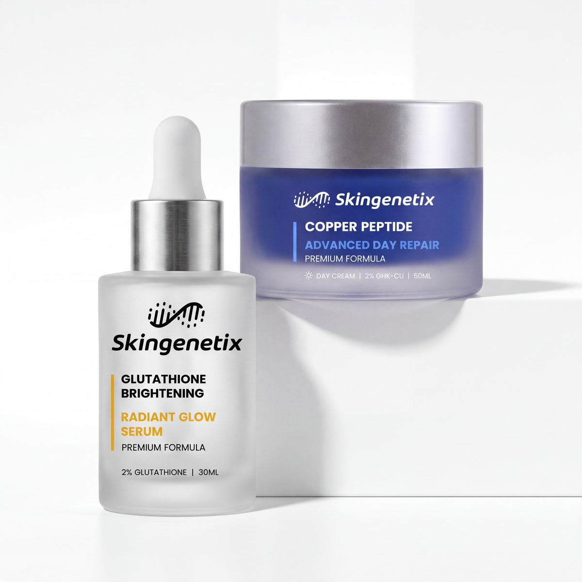 Skingenetix Brightening & Glow Duo Set - the glutathione brightening serum beside the copper peptide day gel-cream on a plain white background