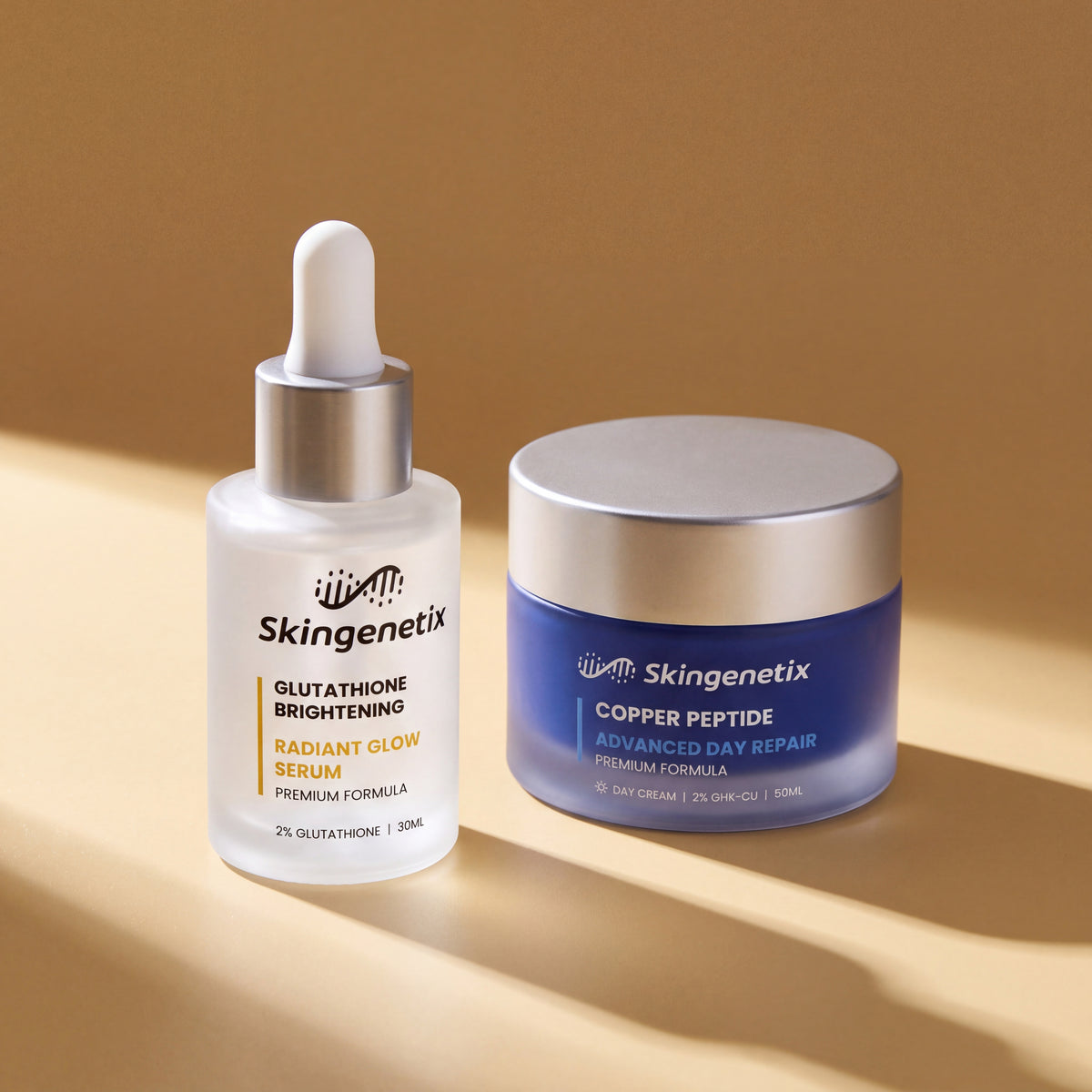 Skingenetix Brightening & Glow Duo Set - the serum and day gel-cream under hard directional light with a sharp cast shadow