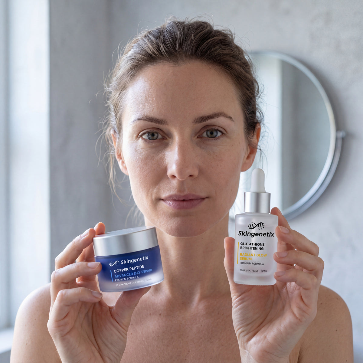Skingenetix Brightening & Glow Duo Set - a woman holding the glutathione serum and the copper peptide day gel-cream