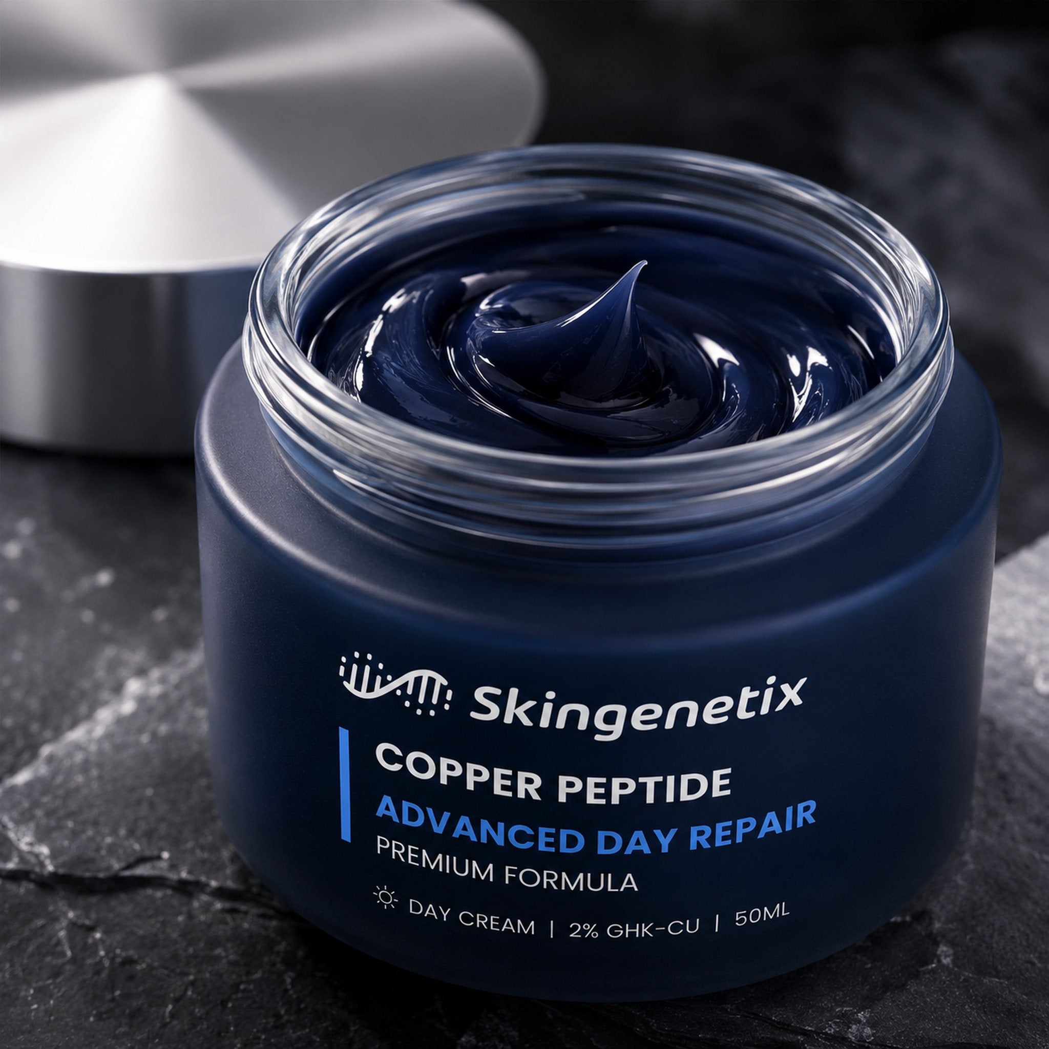 Skingenetix Copper Peptide GHK-Cu Advanced Day Repair gel-cream, 50ml - jar open with the lid beside it