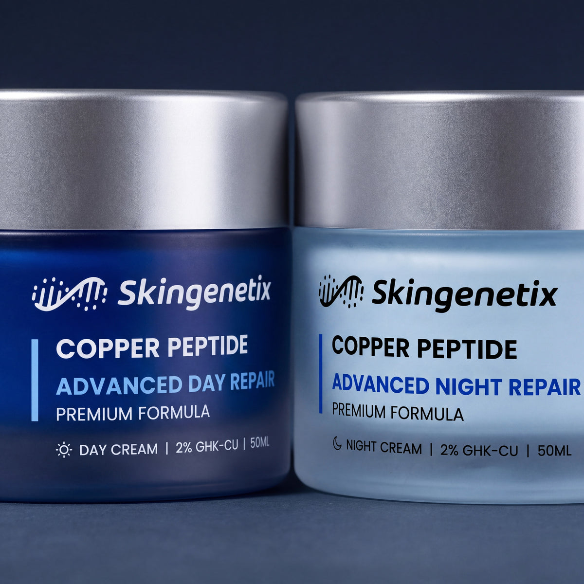 Skingenetix Day & Night Copper Peptide (GHK-Cu) Duo Set - a close detail of the frosted glass and brushed lids of both creams