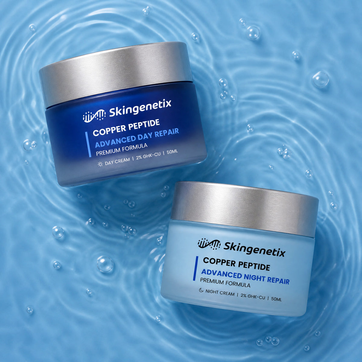 Skingenetix Day & Night Copper Peptide (GHK-Cu) Duo Set - the day and night creams photographed from above in shallow blue water
