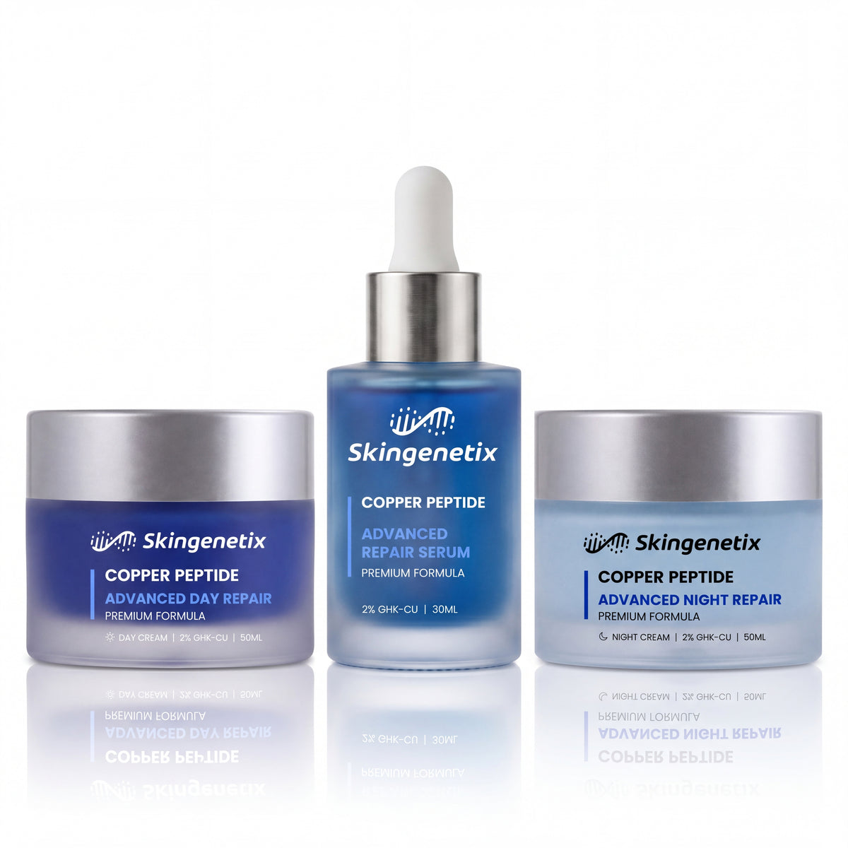 Skingenetix Complete Copper Peptide (GHK-Cu) Day & Night Skincare Routine - all three products of the routine on a white background with a soft reflection