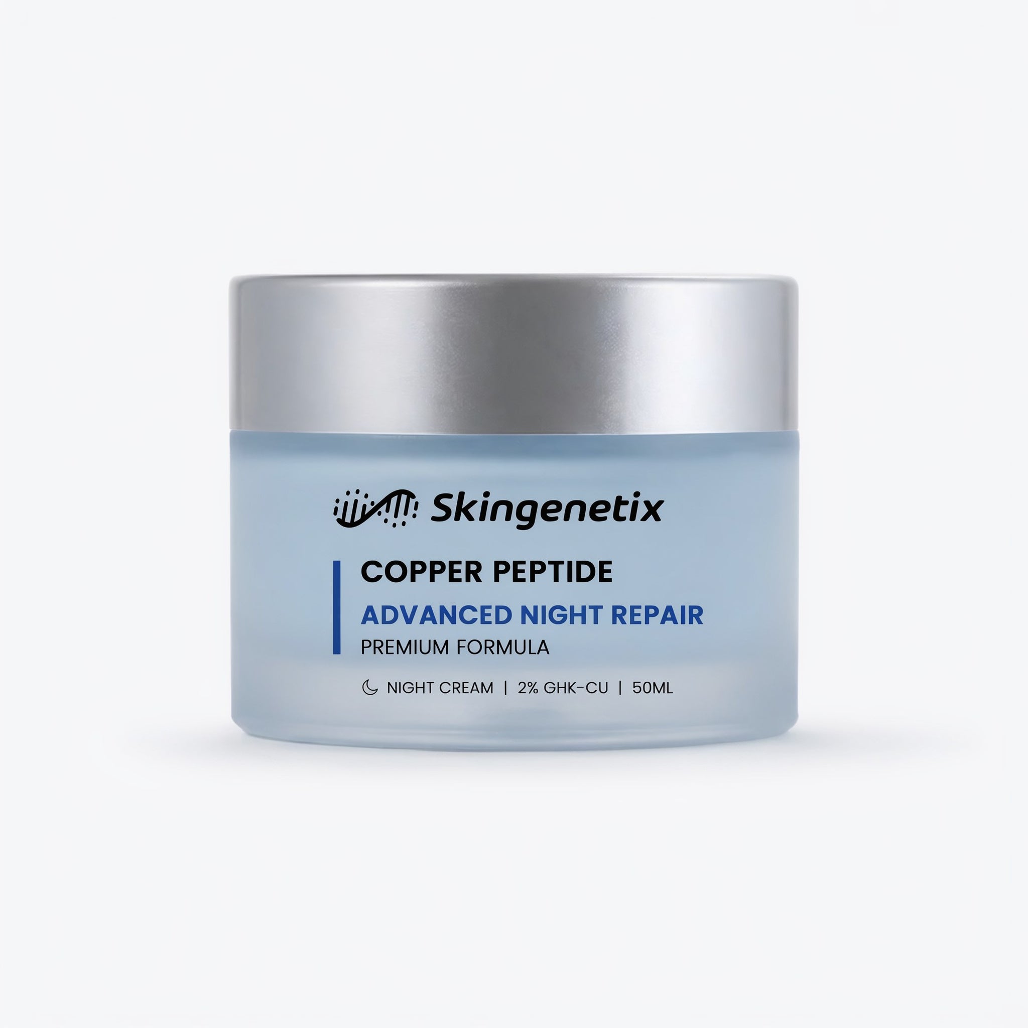 Skingenetix Copper Peptide GHK-Cu Advanced Night Repair cream, 50ml - pale blue jar on white