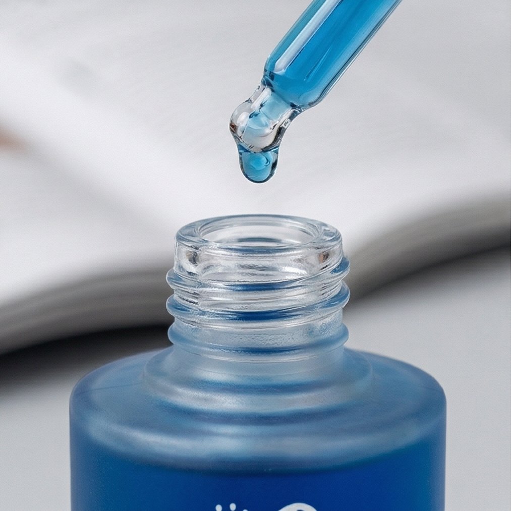 Skingenetix Copper Peptide (GHK-Cu) 2% Renewal Serum, 30ml - dropper poised over the open bottle of blue serum