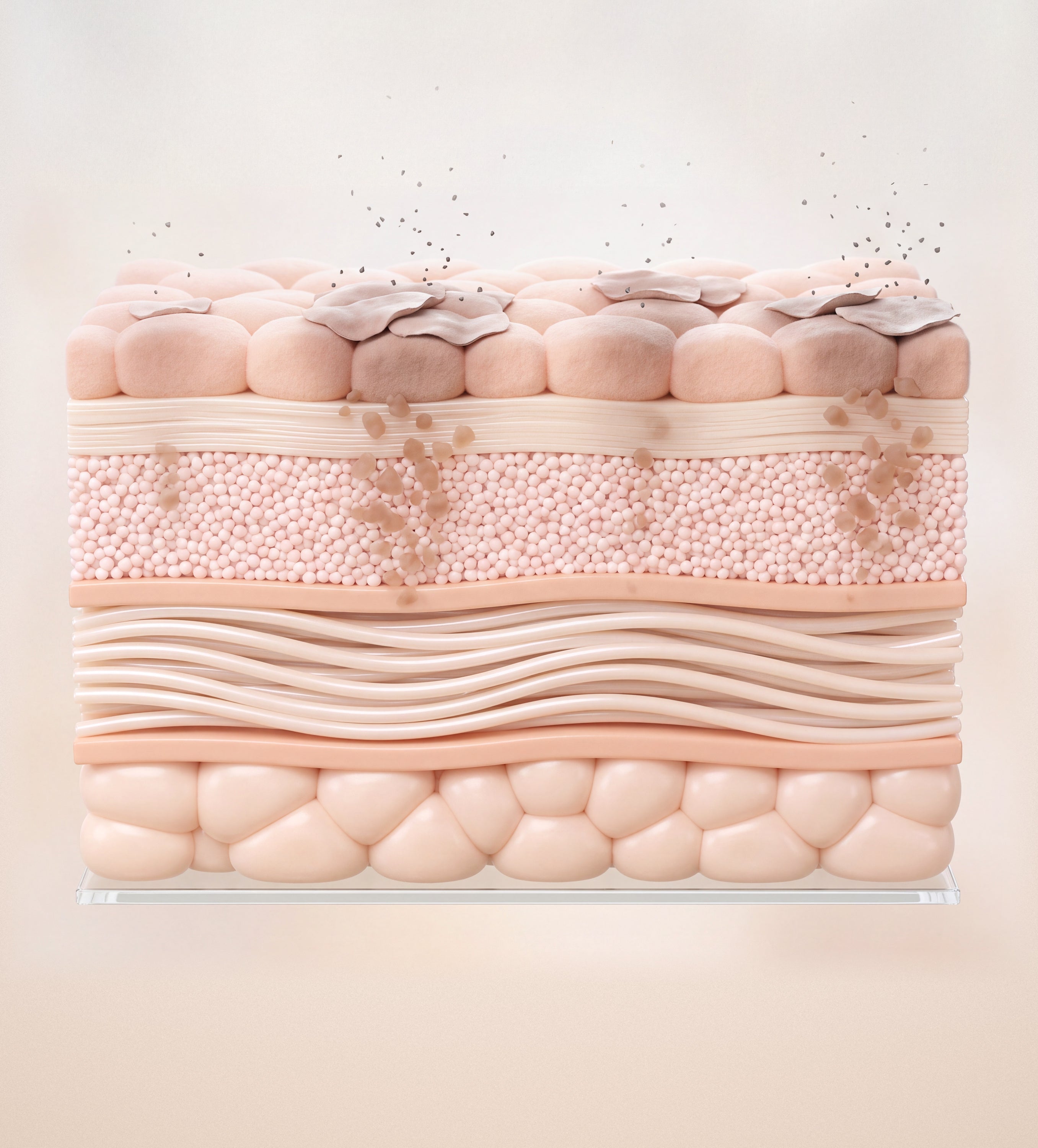 Cross-section diagram of skin showing what causes dull, uneven tone: soft brown pigment clusters gathering in the granular layer, grey oxidative-stress particles settling onto the surface, and dead surface cells piling up as cell turnover slows.