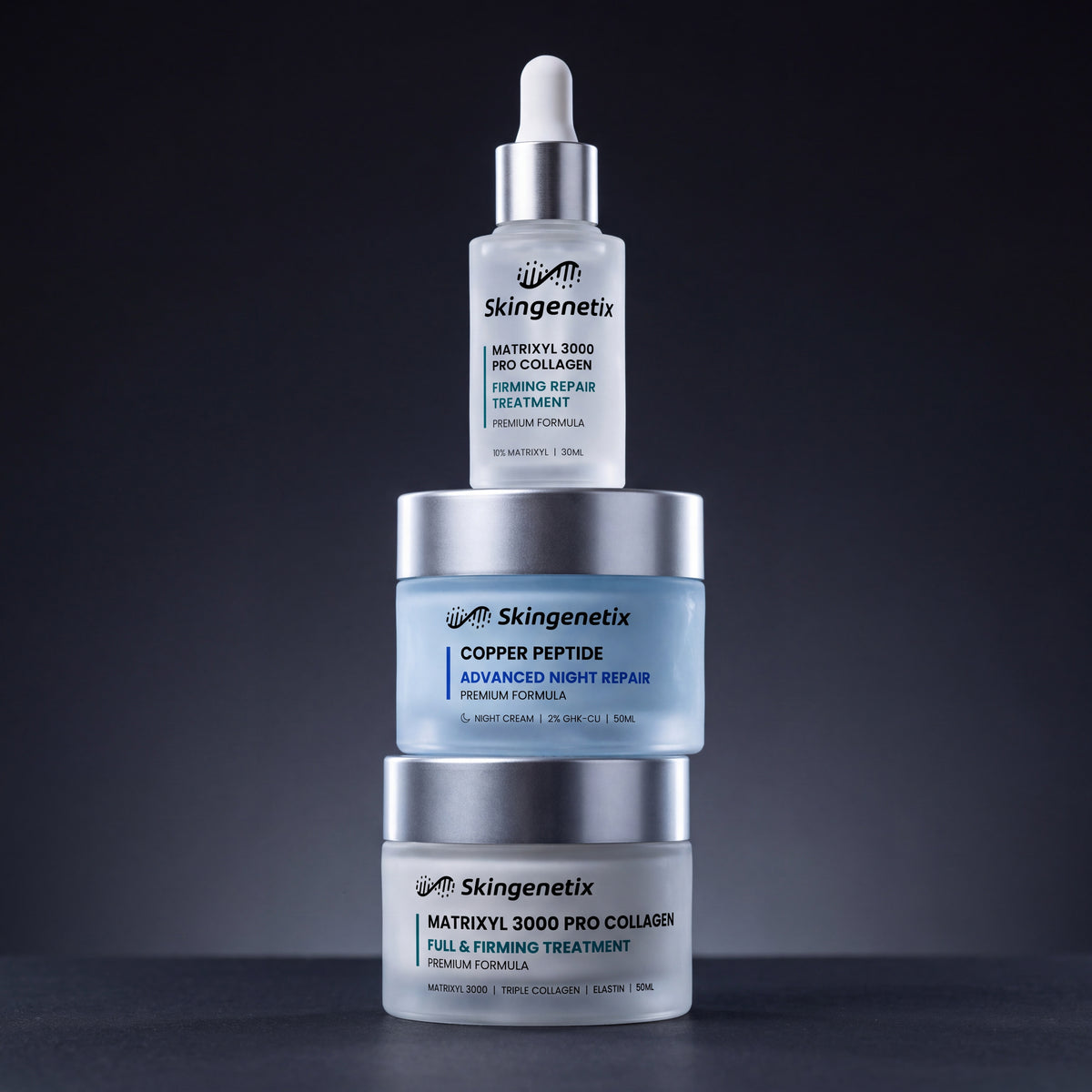 the firming routine stacked into a three-tier tower on a dark ground