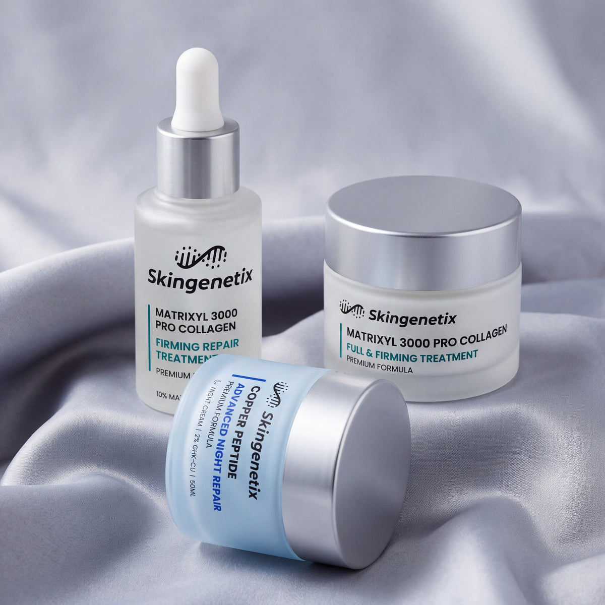 Skingenetix Complete Firming & Skin Density Day & Night Routine - the firming routine arranged on draped pale silk