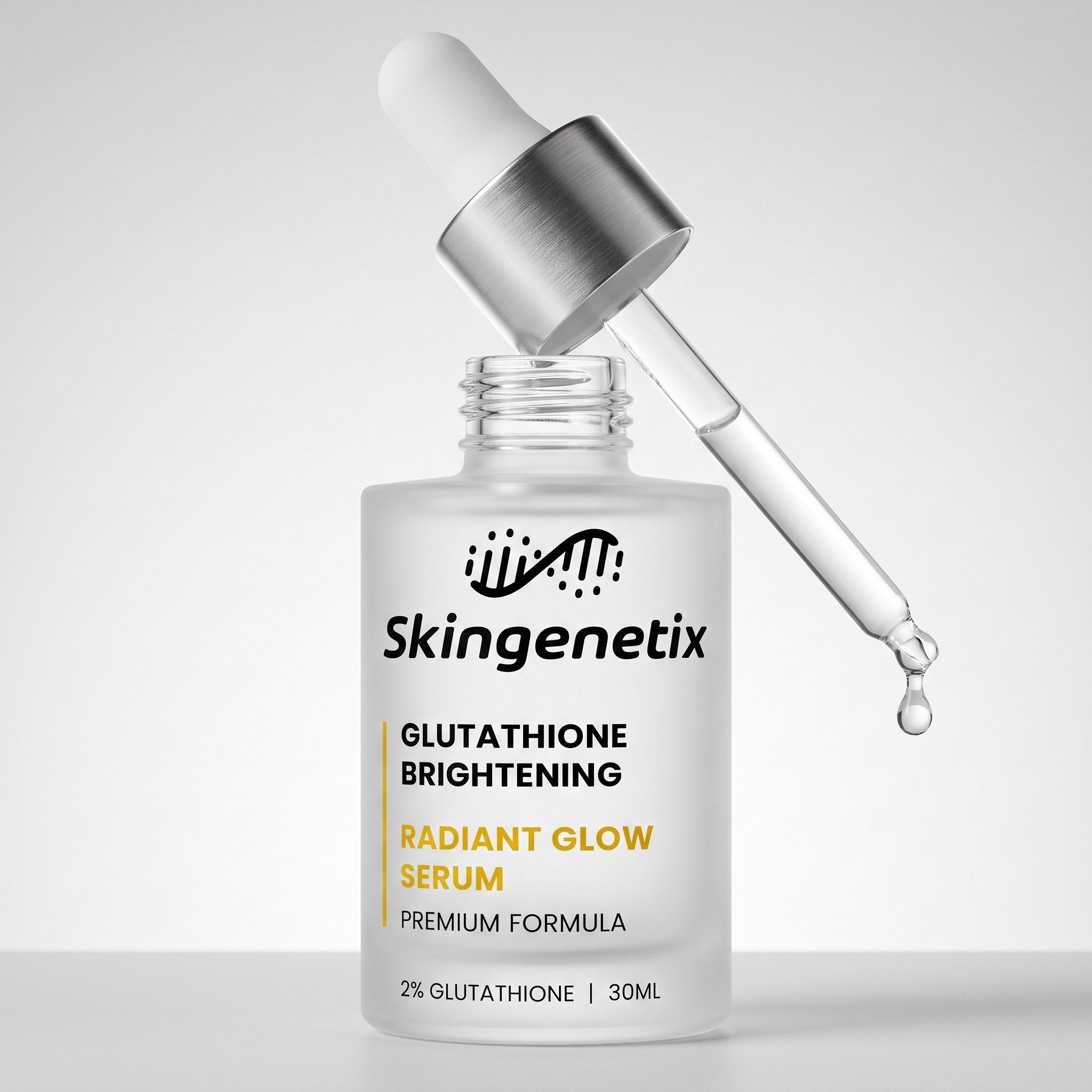 Skingenetix Glutathione Brightening Radiant Glow Serum, 2%, 30ml - pipette lifted clear with a drop forming