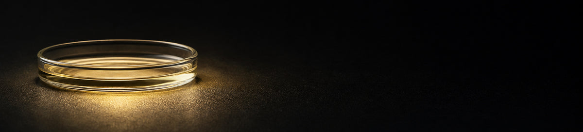 A shallow dish of champagne-coloured glutathione solution glowing on a graphite surface - glutathione antioxidant research