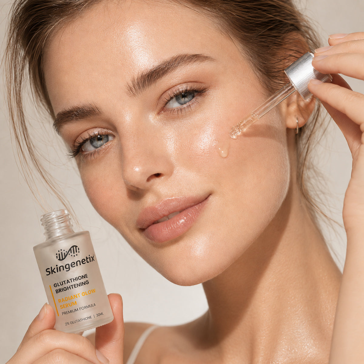 Woman applying Skingenetix Glutathione Radiant Glow Serum to her cheek with a dropper, holding the bottle in her other hand
