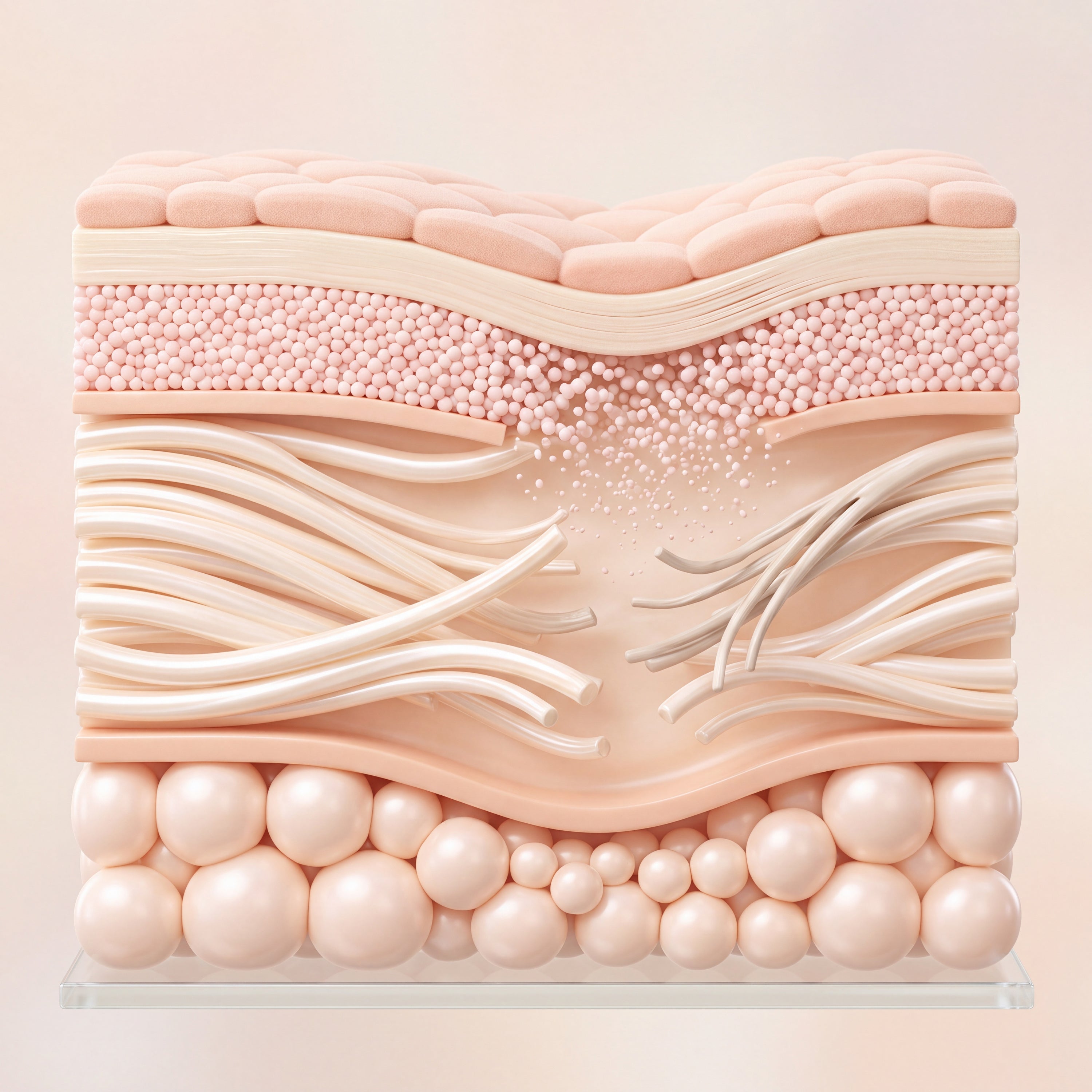 Illustrated cross-section of skin showing collagen and elastin fibres thinned and parted through the middle, the cell layer crumbling and the fat layer shrunken, with the surface sinking above it