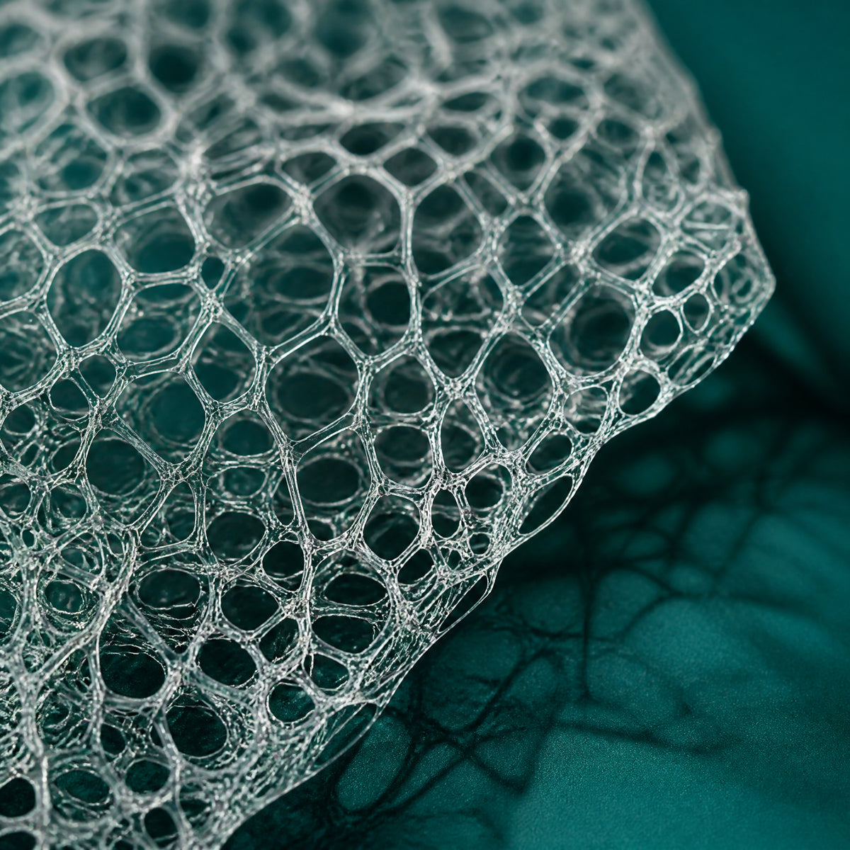 Translucent open cellular matrix structure lit against a deep emerald-teal background, representing the Matrixyl 3000 peptide's role in the skin's collagen network