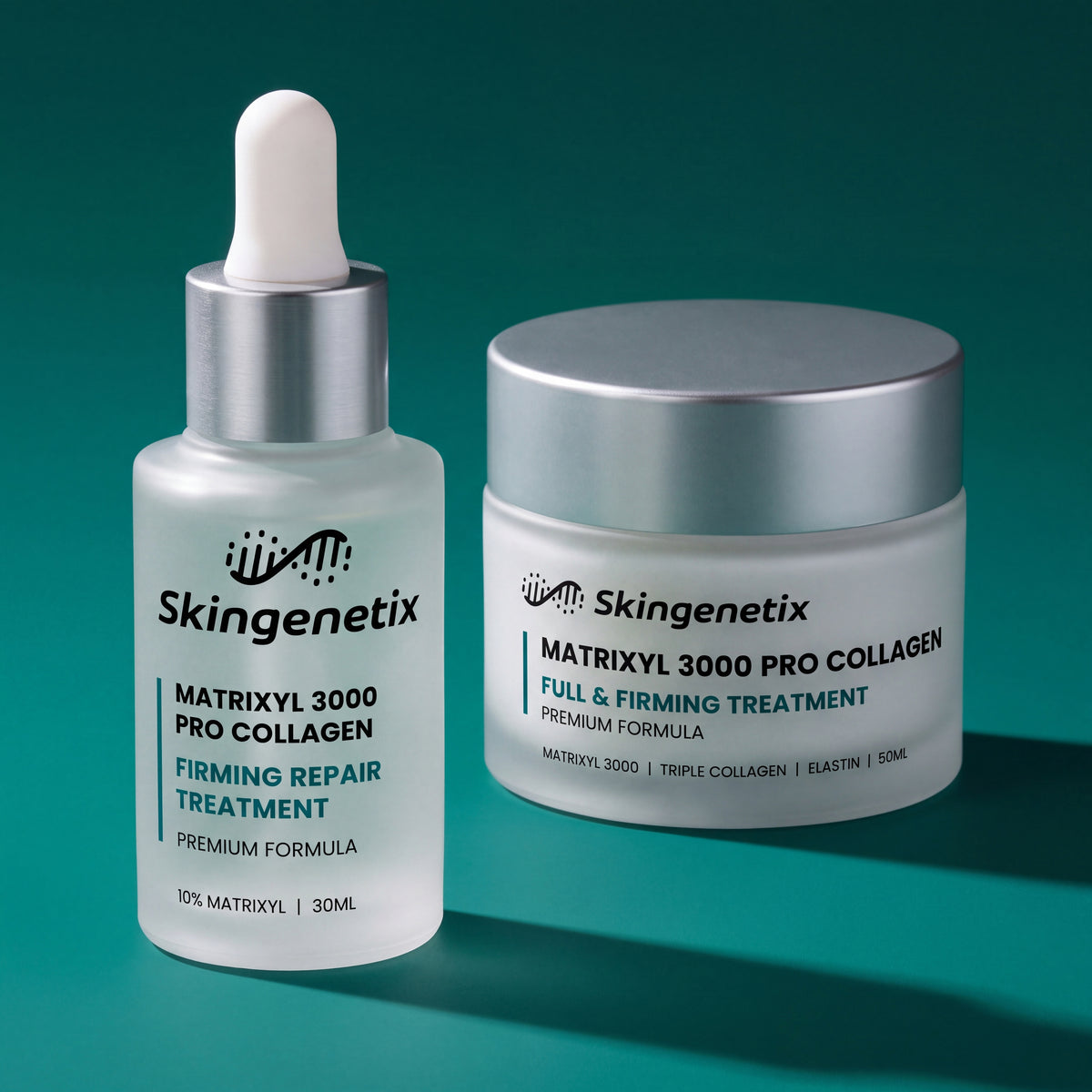 Skingenetix Full Matrixyl 3000 Ritual - Serum & Cream - the firming serum and cream on a teal background with long shadows