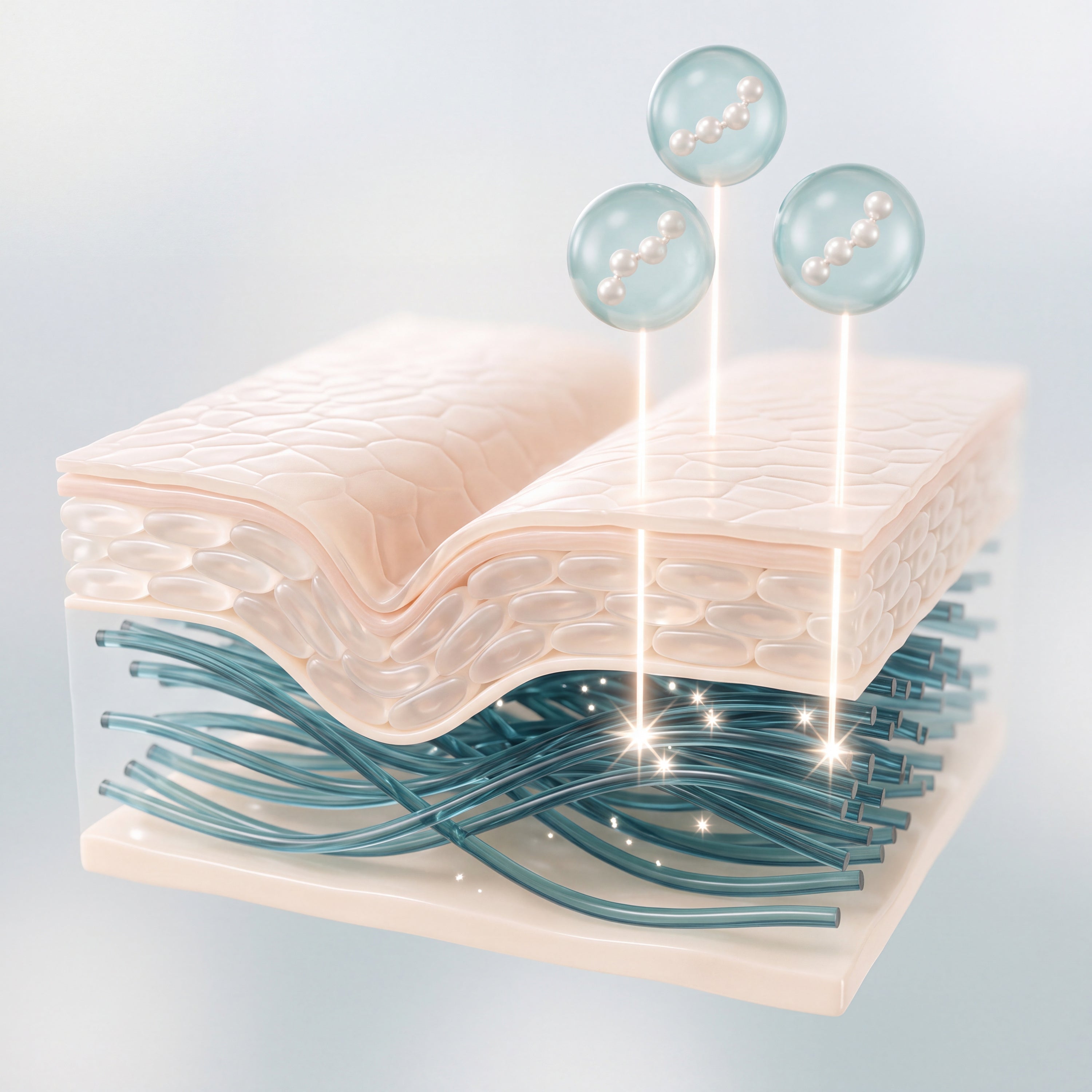 3D illustration of a skin cross-section, the surface line softer where the teal collagen network beneath is denser - Skingenetix Matrixyl 3000 peptide wrinkle research