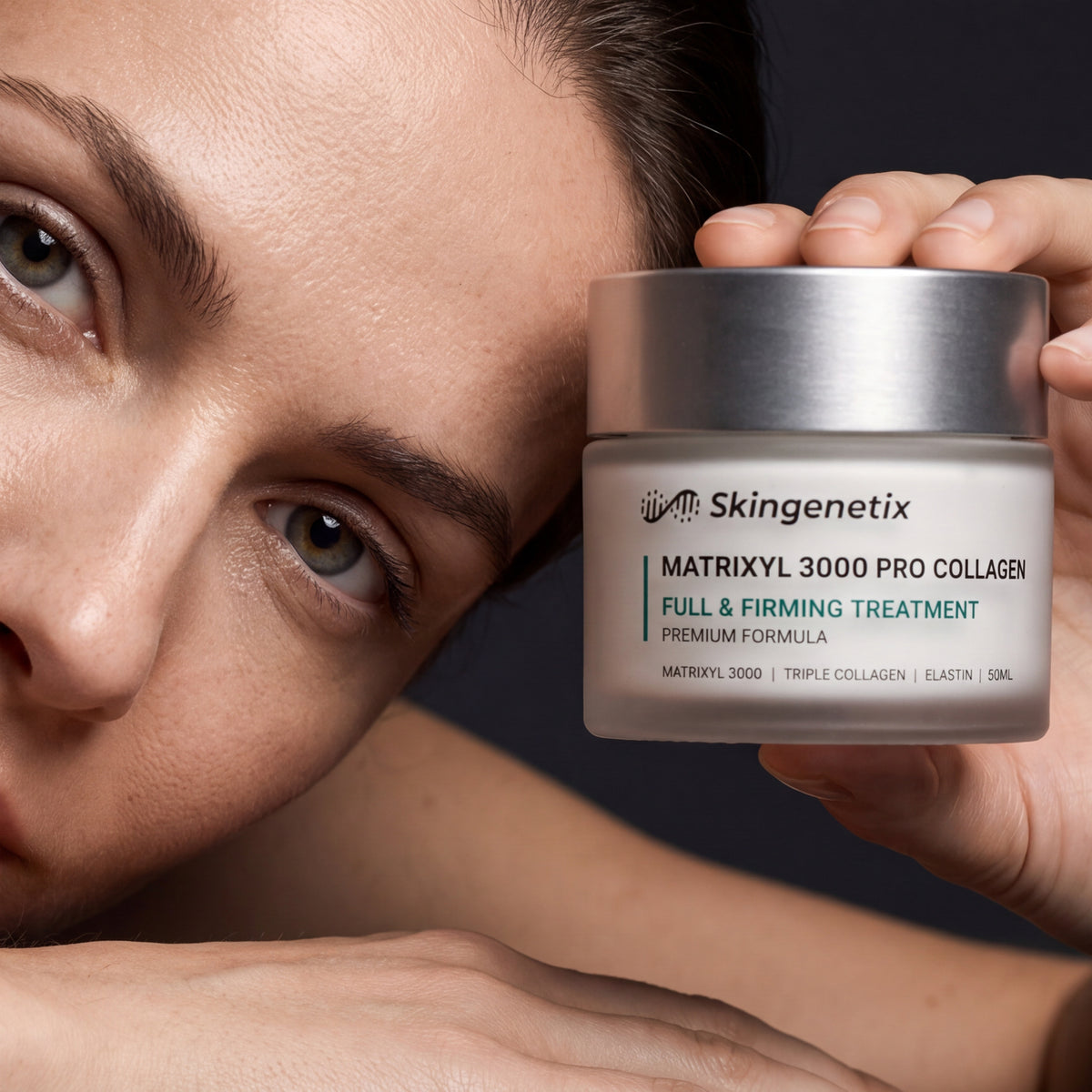 Skingenetix Full Matrixyl 3000 Ritual - Serum & Cream - a woman holding the pro-collagen firming cream beside her face