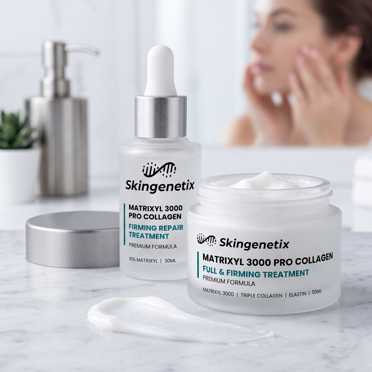 the pro-collagen cream jar open beside the serum, with a cream swatch