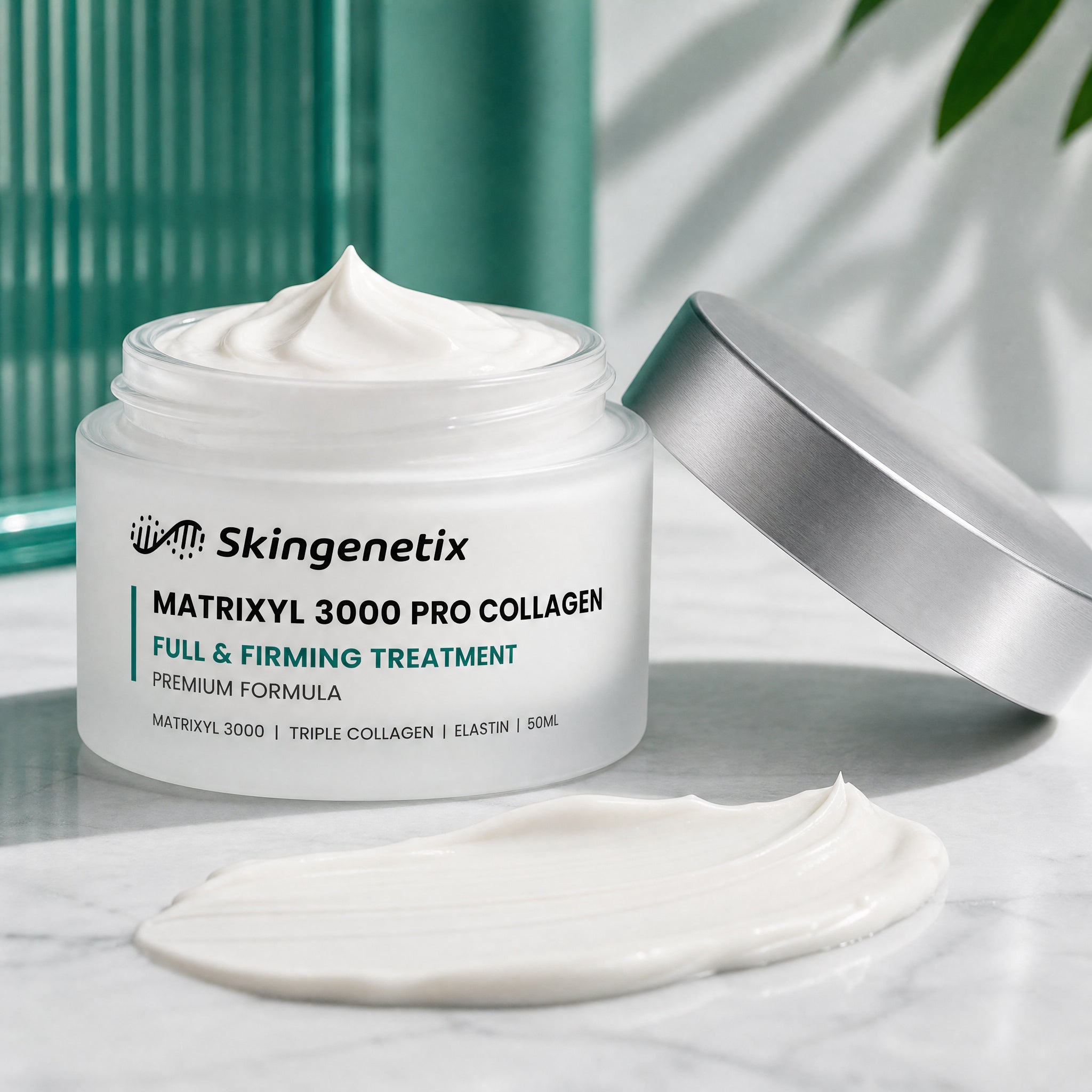 Open jar of Skingenetix Matrixyl 3000 Pro Collagen Full and Firming Treatment on marble with a swatch of white cream beside it