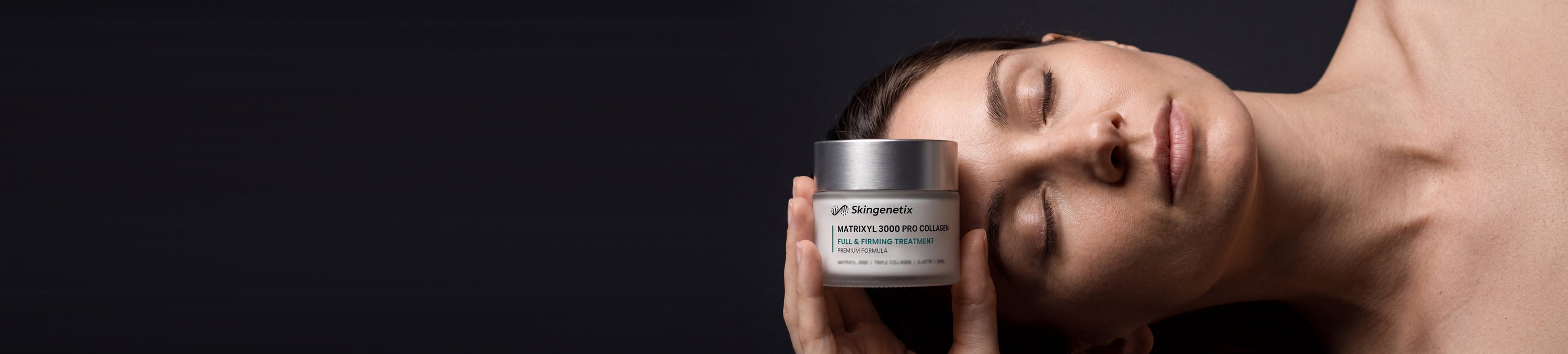 Woman resting on her side with her eyes closed, holding a jar of Skingenetix Matrixyl 3000 Pro Collagen Full & Firming Treatment against her cheek