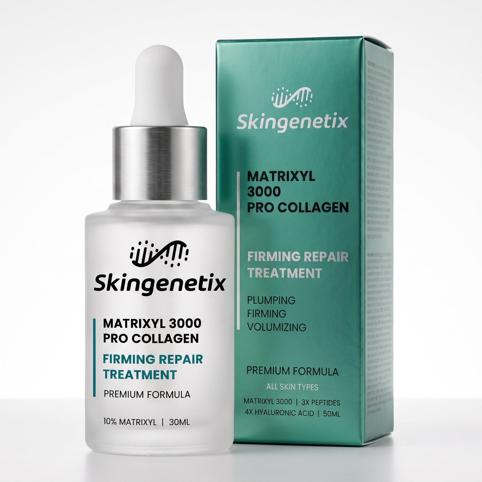 Skingenetix Matrixyl 3000 Firming Serum, 30ml - frosted glass dropper bottle beside its teal carton on a white background