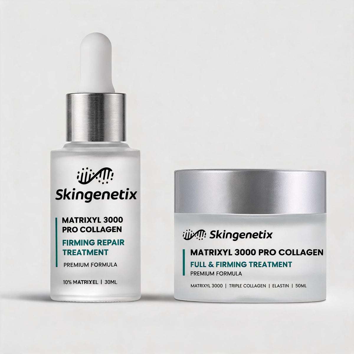 Skingenetix Full Matrixyl 3000 Ritual - Serum & Cream - the firming serum and cream photographed from above in shallow teal water