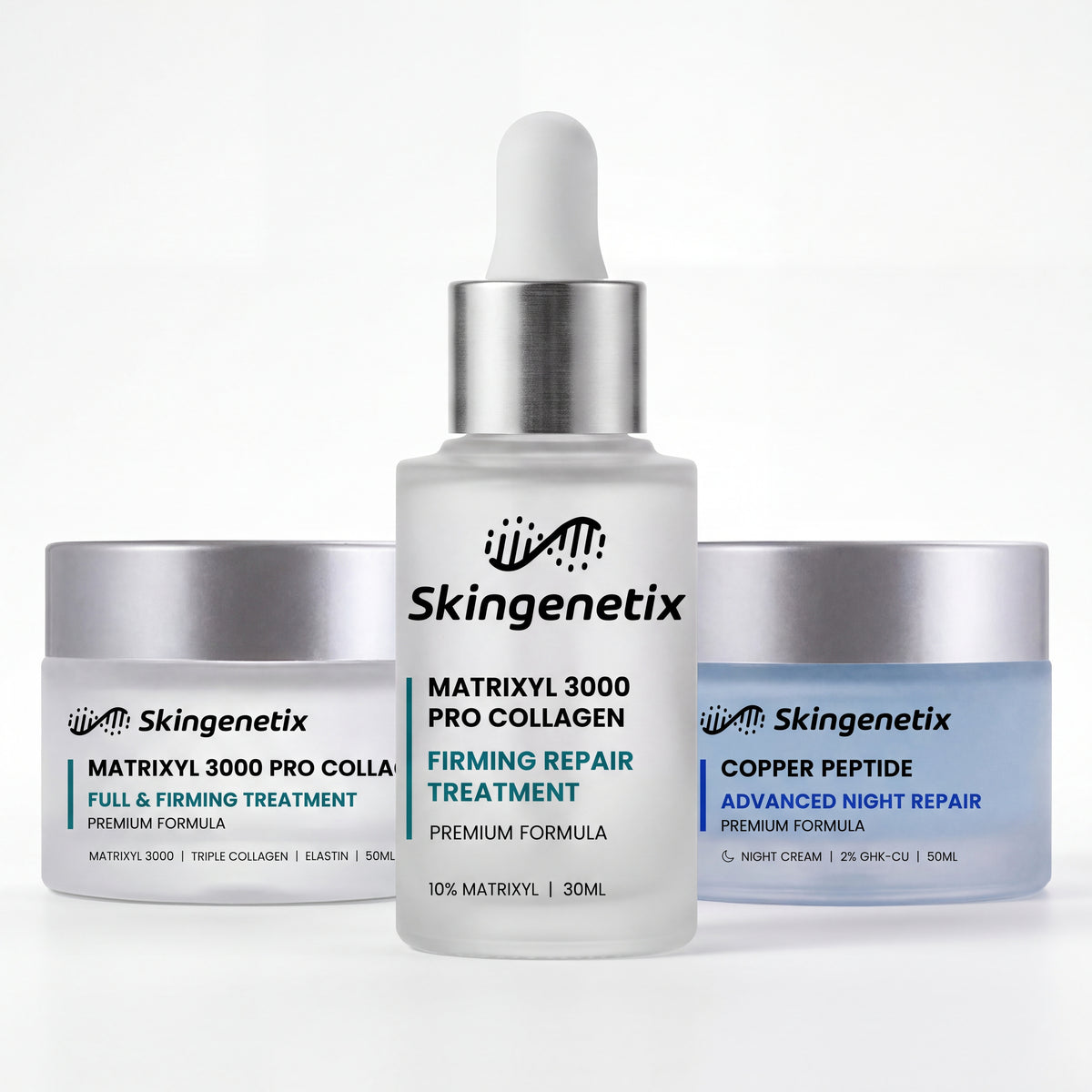 Skingenetix Complete Firming & Skin Density Day & Night Routine - the firming serum, pro-collagen cream and night cream on a white background