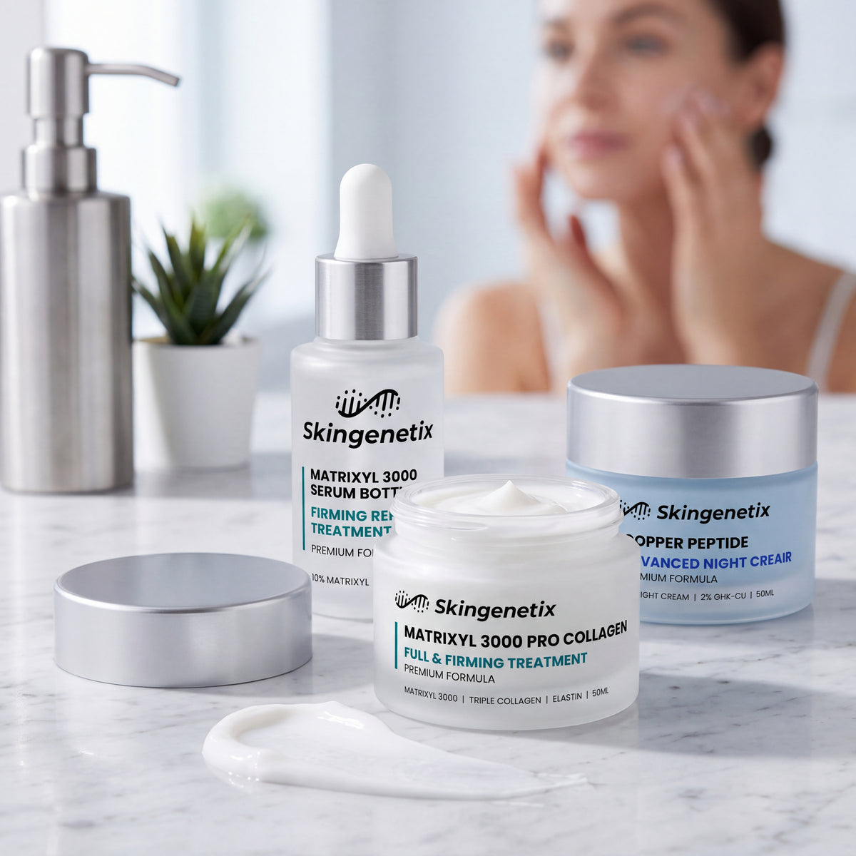 Skingenetix Complete Firming & Skin Density Day & Night Routine - the pro-collagen cream jar open beside the serum and night cream, with a swatch