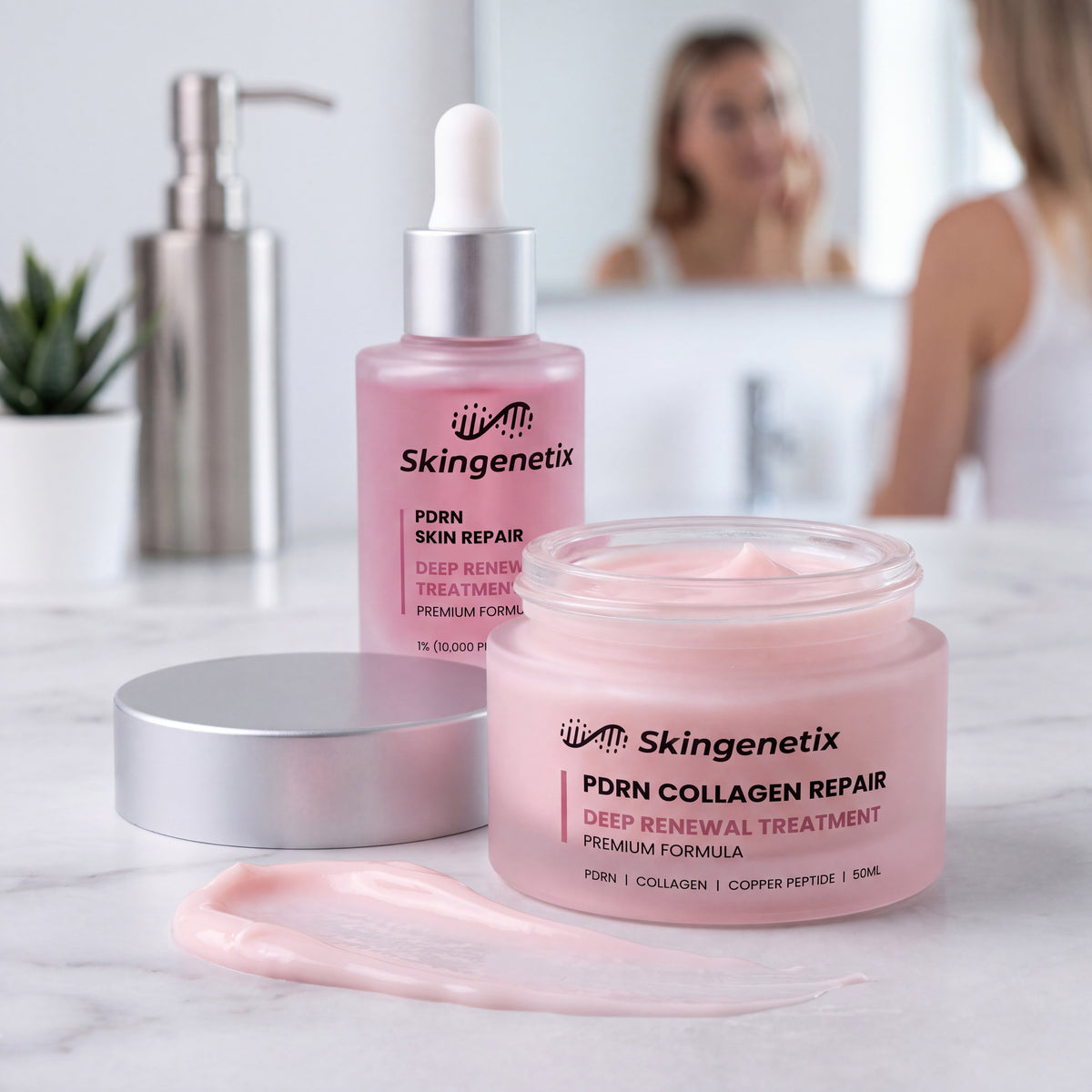 the PDRN collagen night cream open beside a swatch of the pink cream, the serum behind