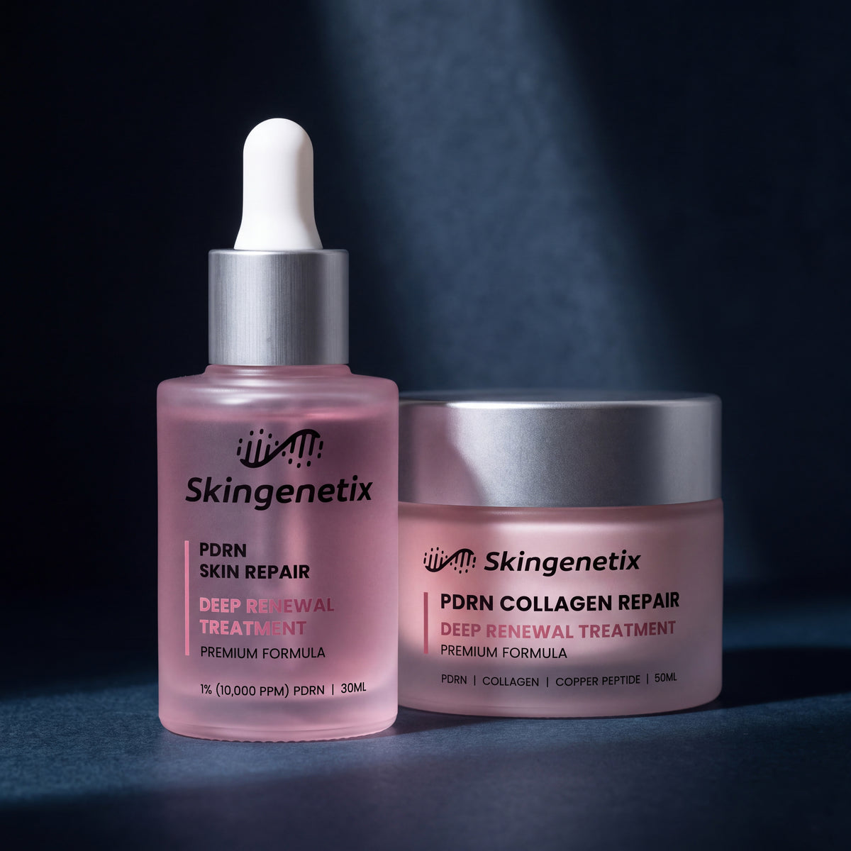Skingenetix Full PDRN 1% Ritual - Serum & Cream - the serum and collagen night cream on dark wet stone in low key light