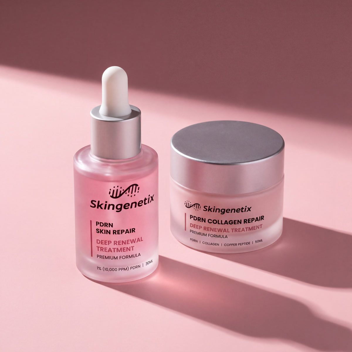 Skingenetix Full PDRN 1% Ritual - Serum & Cream - the serum and collagen night cream on a rose ground under hard directional light