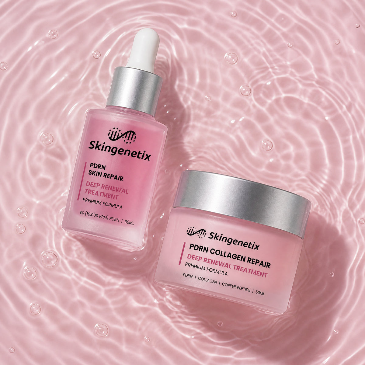 Skingenetix Full PDRN 1% Ritual - Serum & Cream - an overhead view of the serum and collagen night cream in shallow rippled water